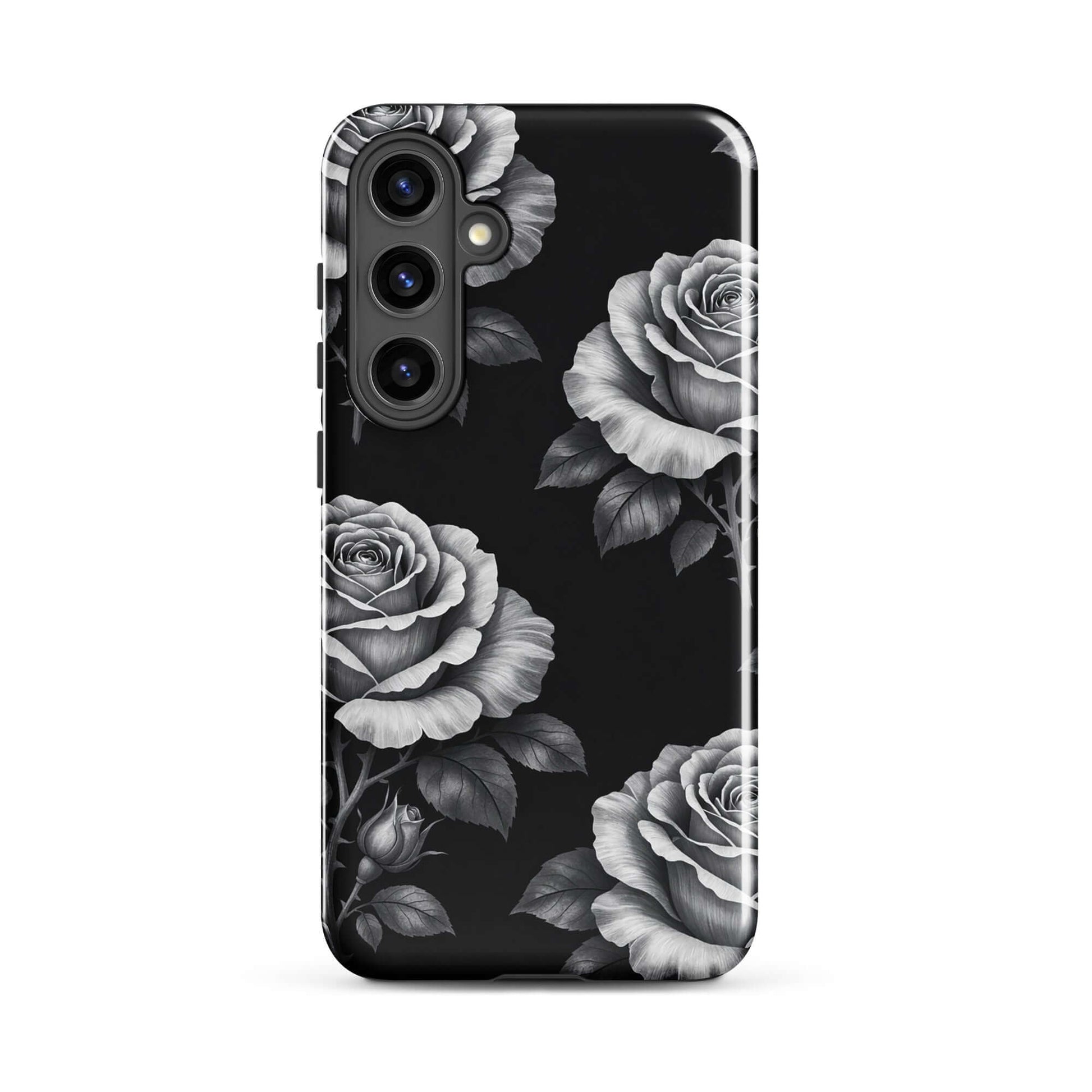 Phone Case for Samsung Galaxy featuring hand-sketched rose garden design on a black background, offering floral charm and protection.