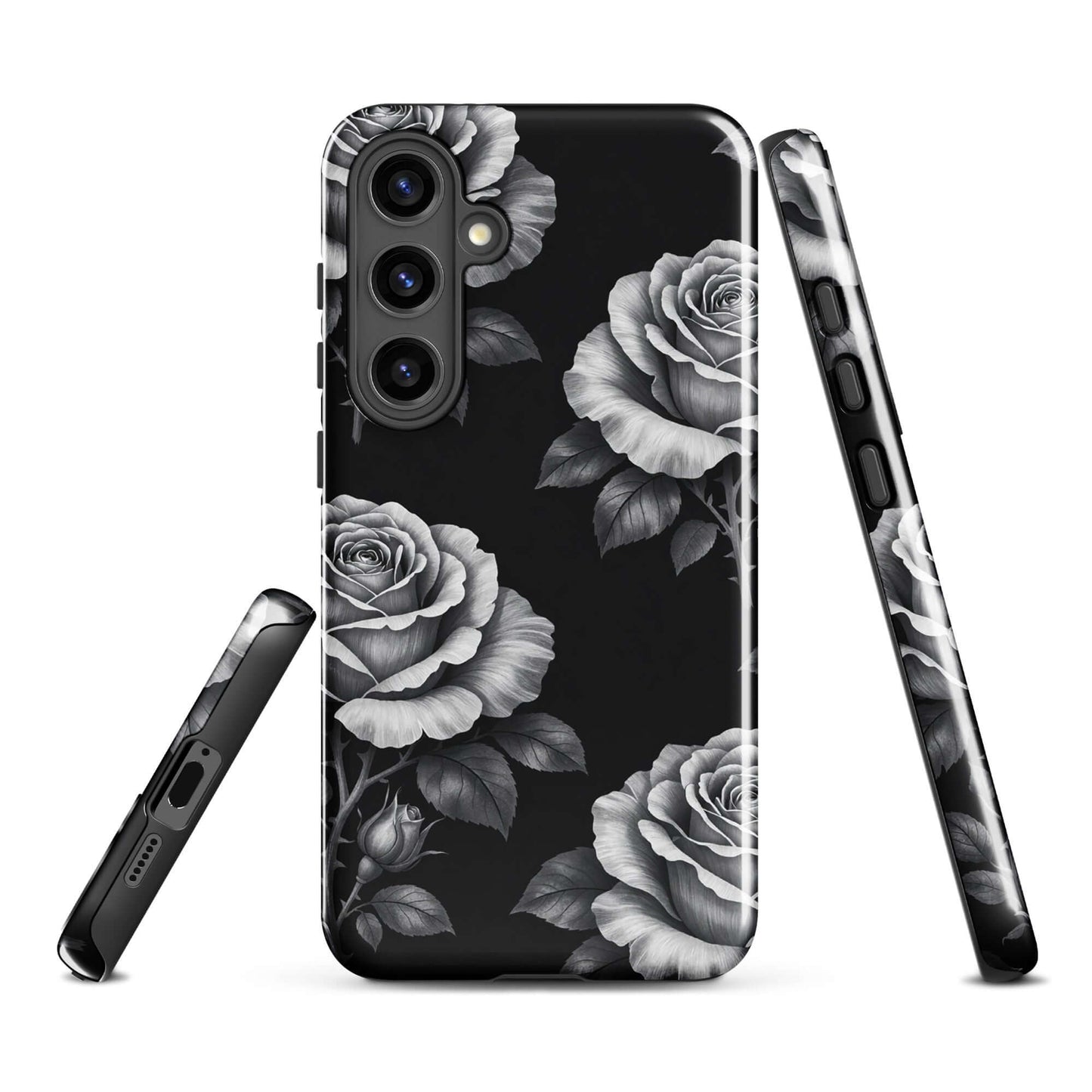 Phone Case for Samsung Galaxy with rose garden design, featuring hand-sketched roses on black background, floral charm and elegance.