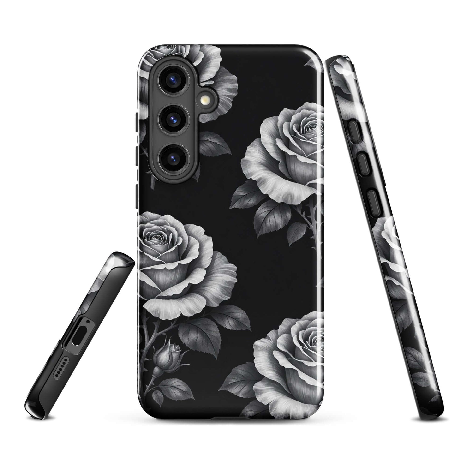 Phone Case for Samsung Galaxy with rose garden design, featuring hand-sketched roses on black background, floral charm and elegance.