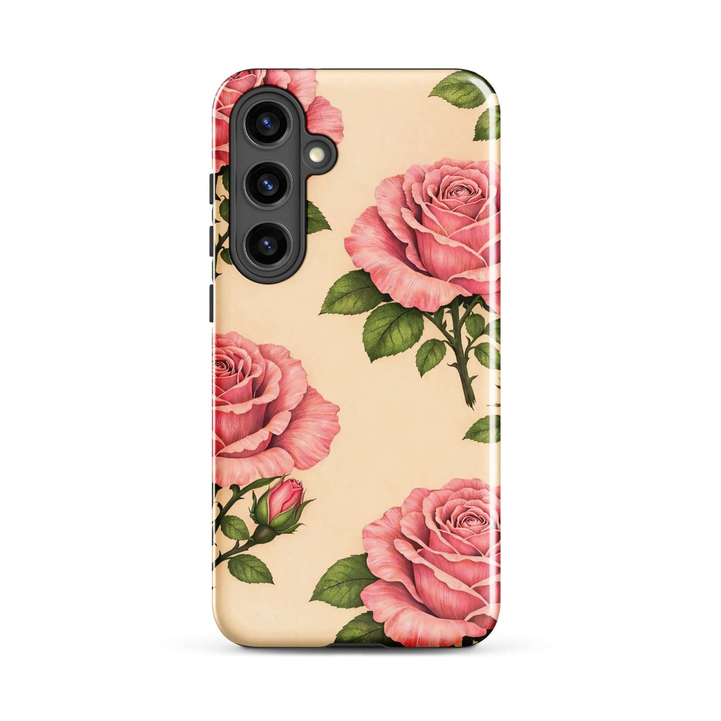 Phone Case for Samsung Galaxy with pink rose design on warm cream background.