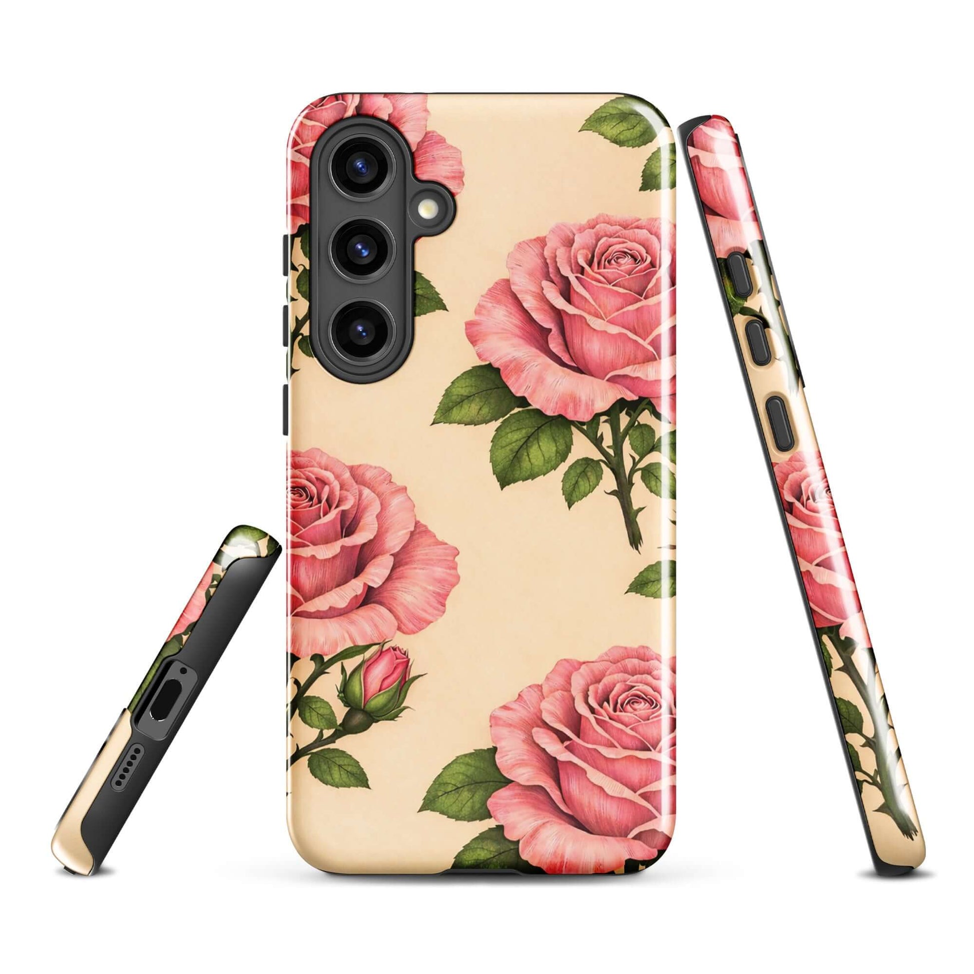 Phone Case for Samsung Galaxy with pink rose and cream elegance design, featuring floral beauty and protection for everyday use.