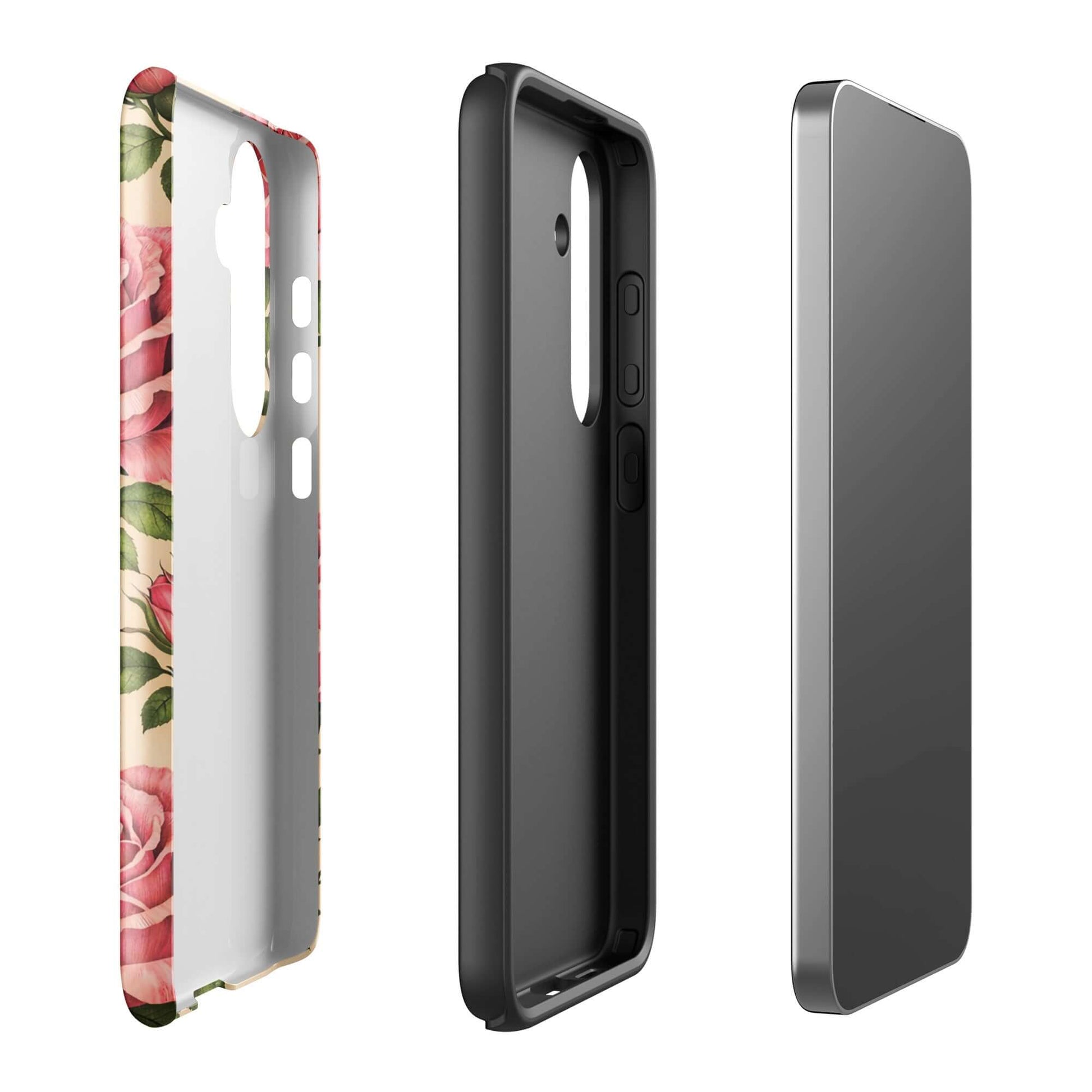 Phone Case for Samsung Galaxy with pink roses on cream background, featuring elegant floral design for stylish protection.