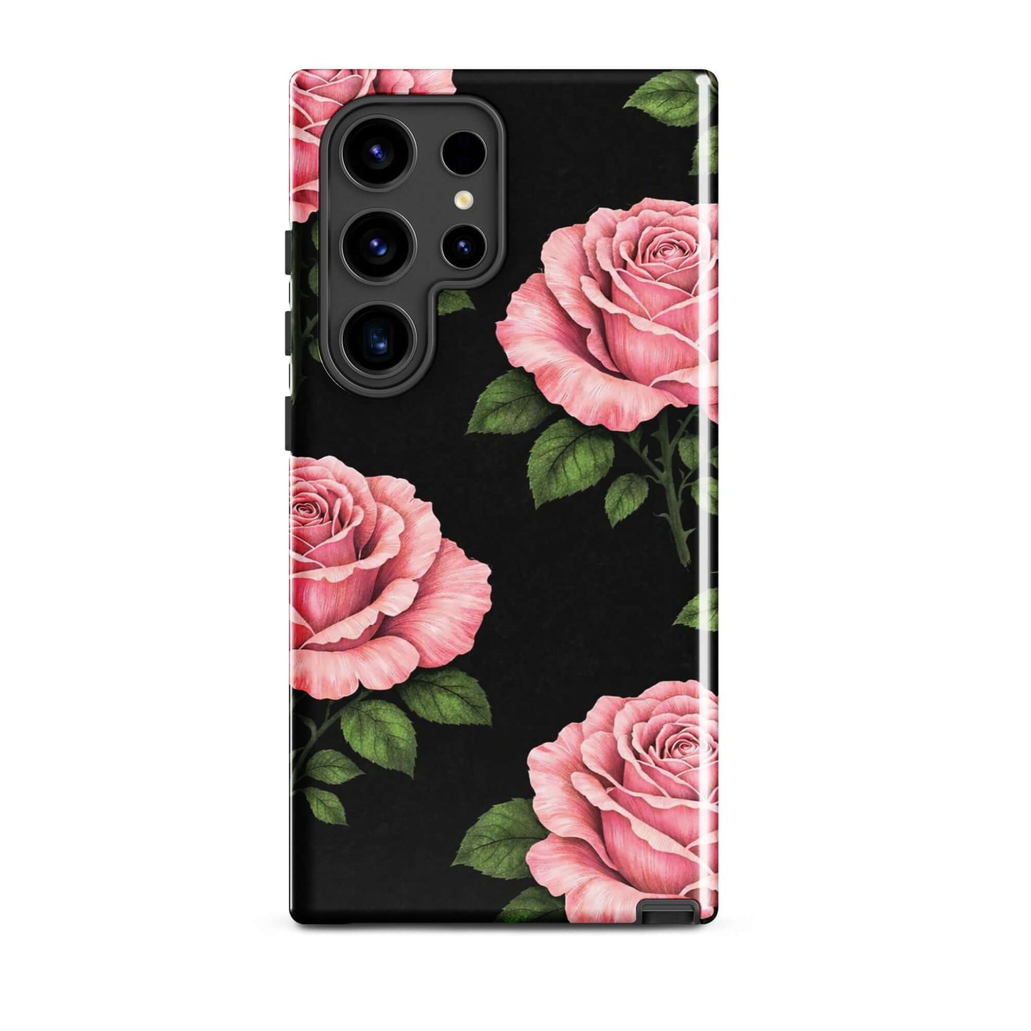 Phone Case for Samsung Galaxy featuring pink roses on a black background, floral design with green leaves, stylish and durable cover.
