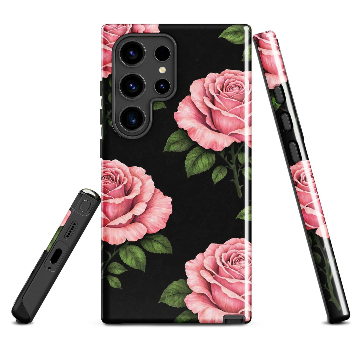 Phone Case for Samsung Galaxy with pink roses and green leaves on a black background, showcasing floral charm and protection.