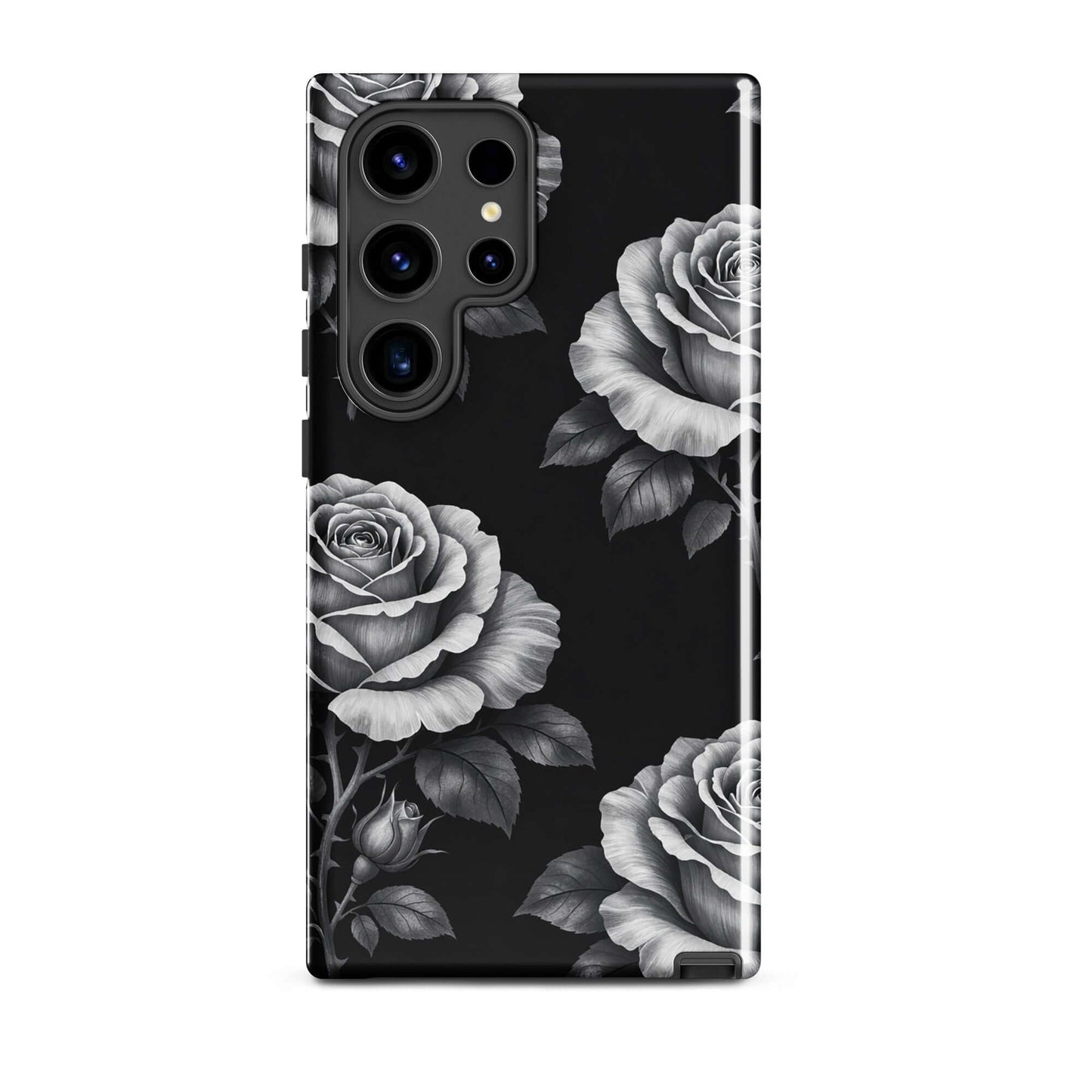 Phone Case for Samsung Galaxy: Rose Garden Tough Case with black background and hand-sketched rose design.