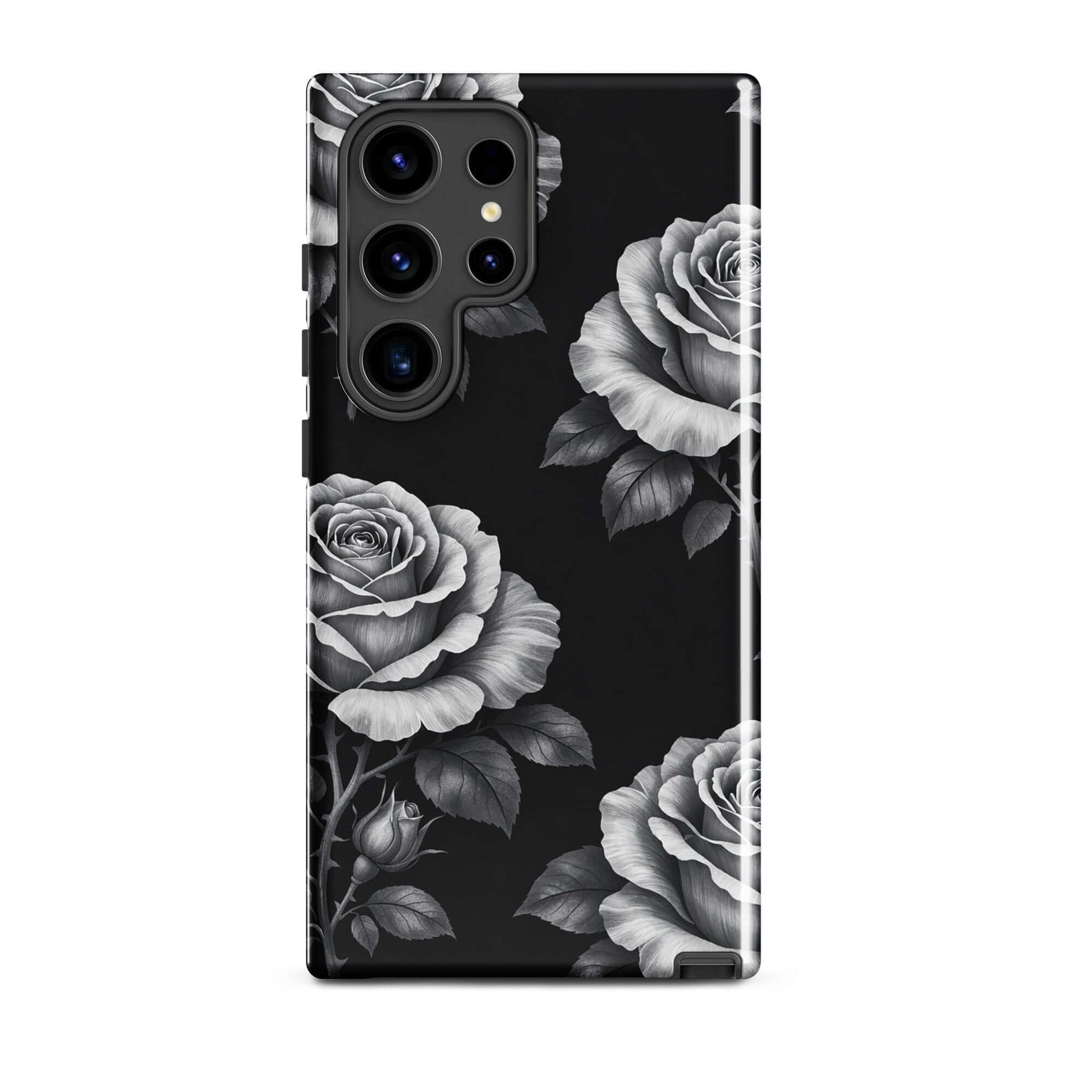 Phone Case for Samsung Galaxy: Rose Garden Tough Case with black background and hand-sketched rose design.