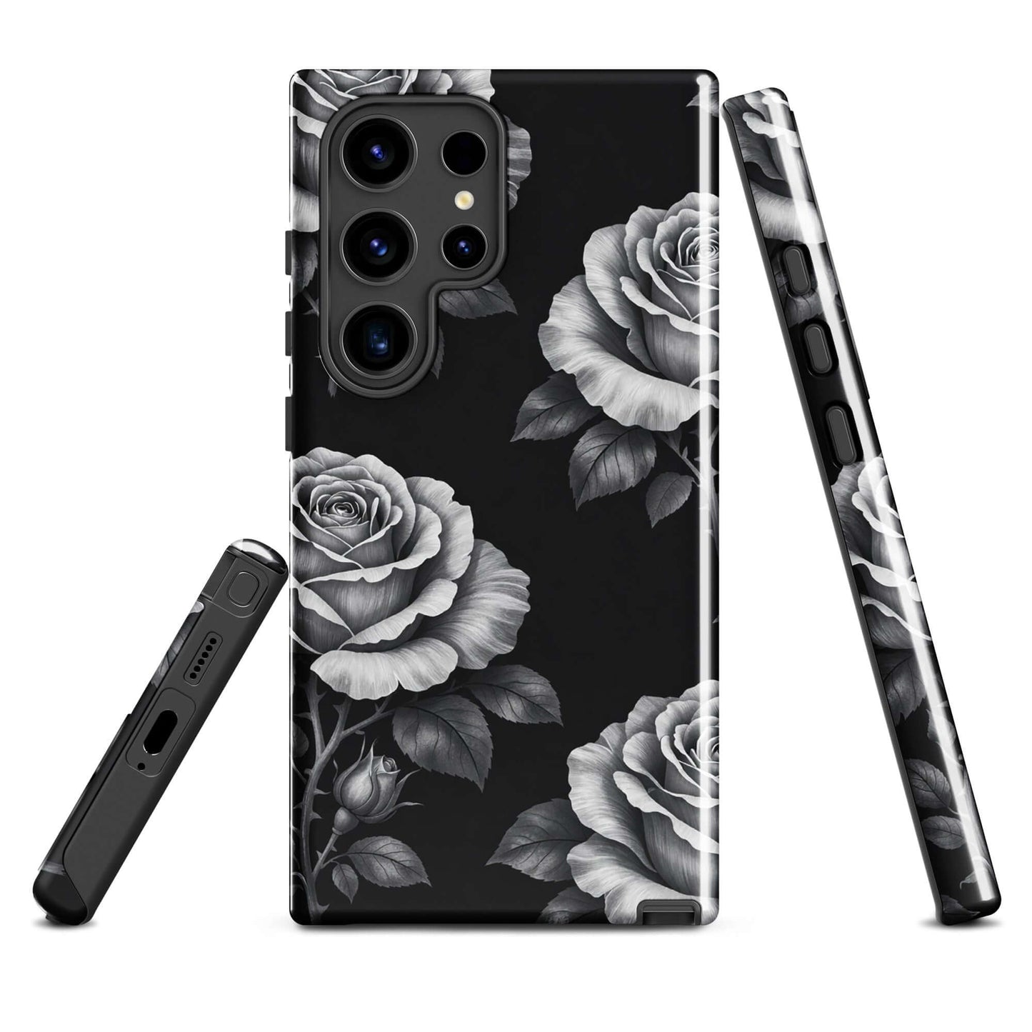 Phone Case for Samsung Galaxy with rose garden design and black background, pencil-sketch style, floral pattern, tough protection