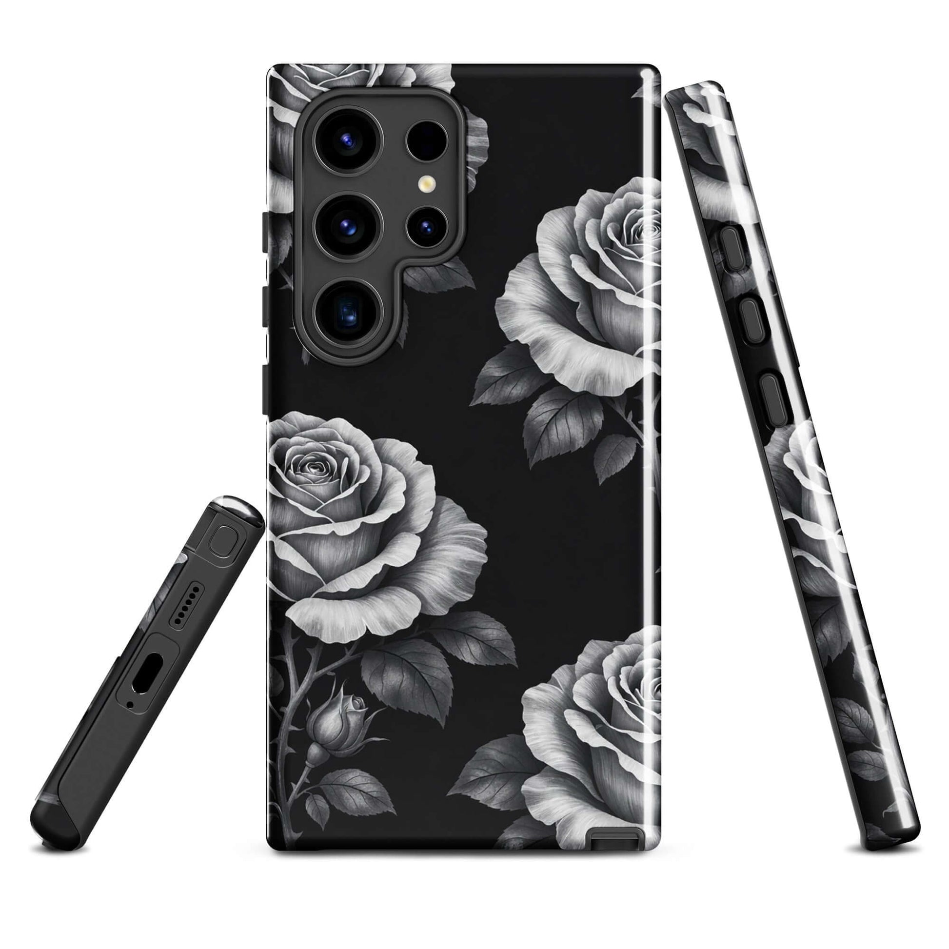Phone Case for Samsung Galaxy with rose garden design and black background, pencil-sketch style, floral pattern, tough protection