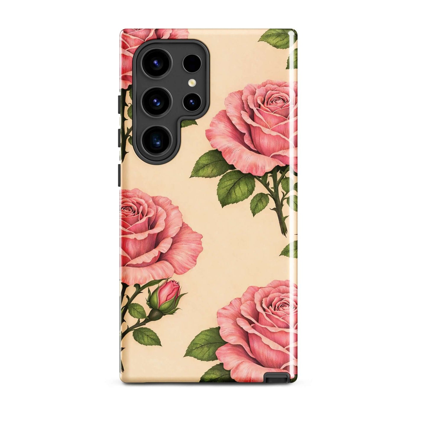 Phone Case for Samsung Galaxy with pink rose design on warm cream background, offering elegance and protection