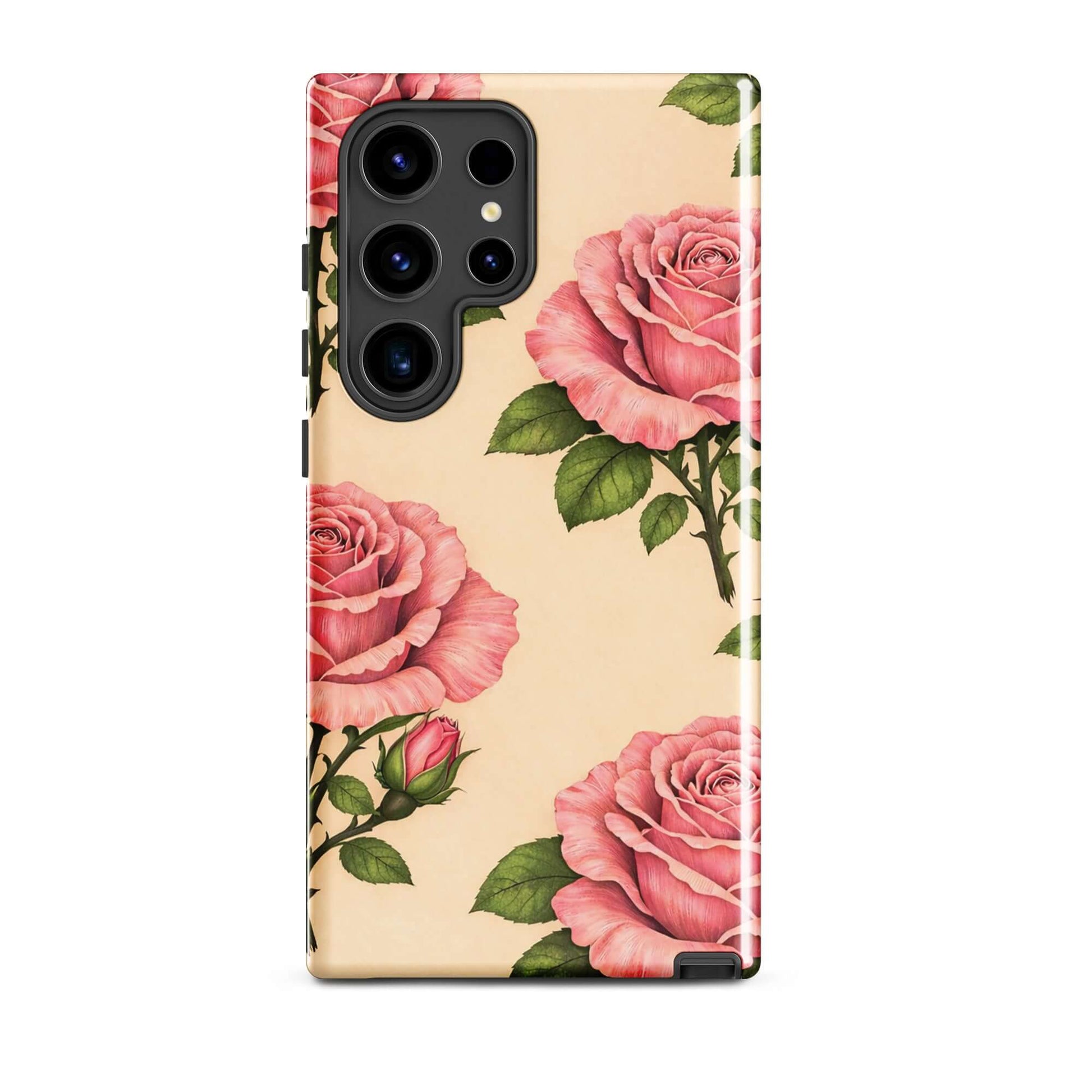 Phone Case for Samsung Galaxy with pink rose design on warm cream background, offering elegance and protection