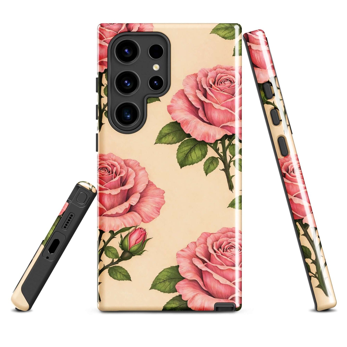 Phone Case for Samsung Galaxy with pink roses on cream background, elegant floral design.