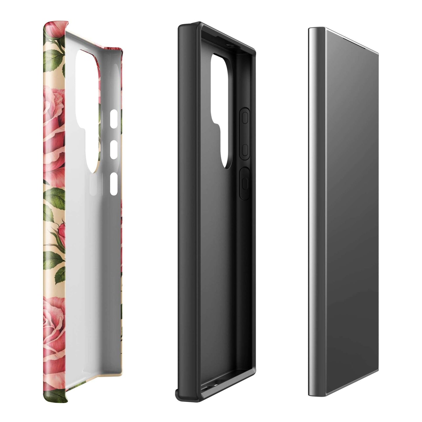 Phone Case for Samsung Galaxy with pink roses on cream background, elegant floral design, side view, case protection, Phone Case focus.