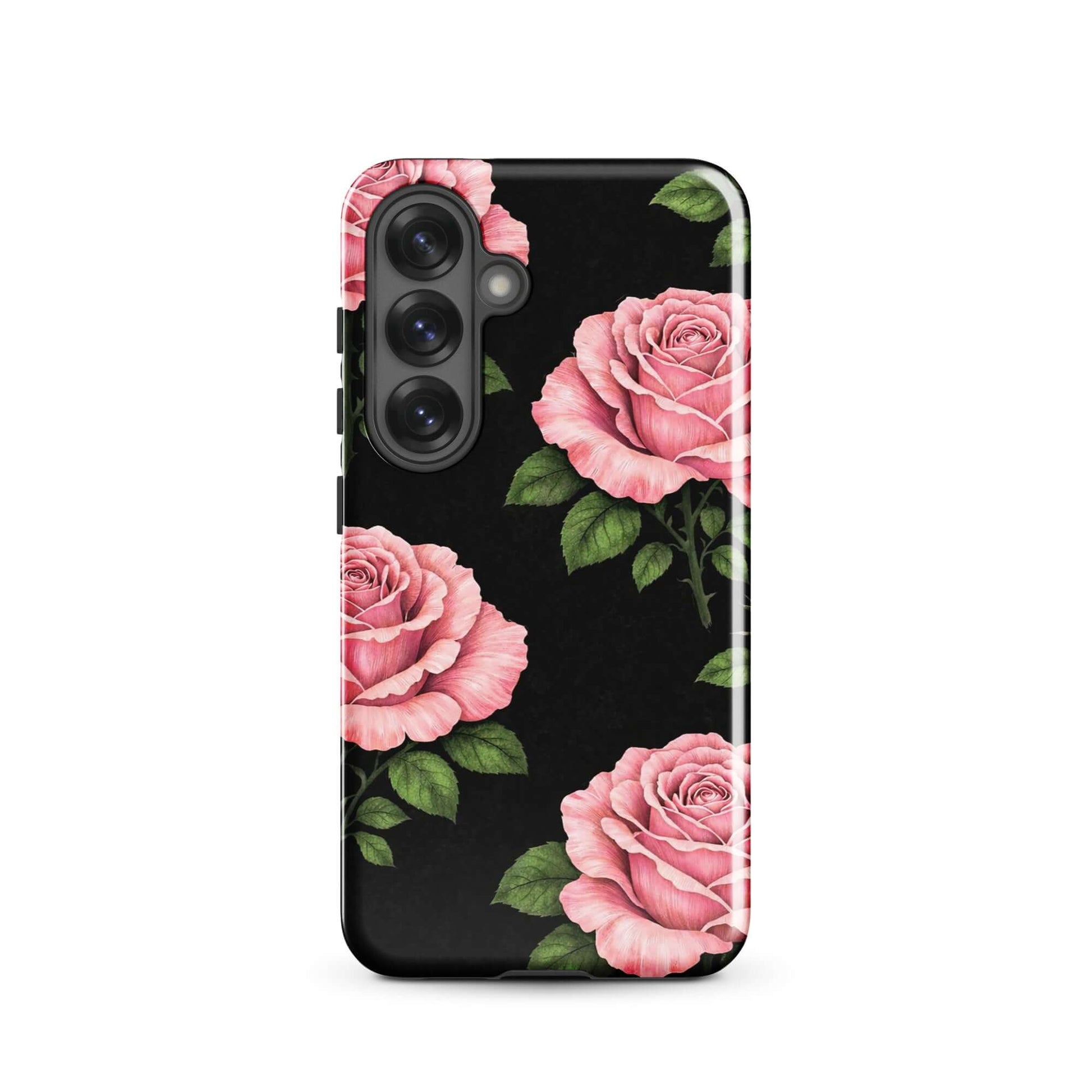 Phone Case for Samsung Galaxy with pink rose garden design on black background, featuring hand-sketched roses and green leaves.