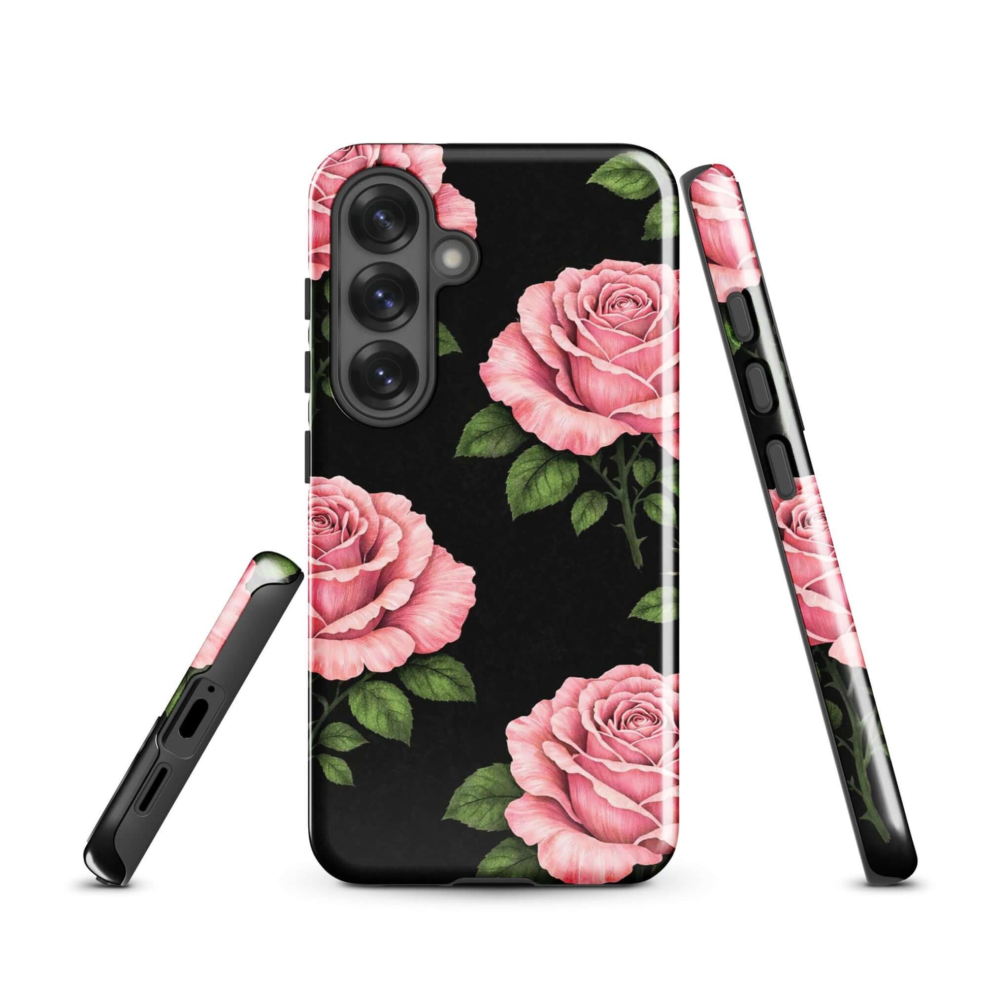 Phone Case for Samsung Galaxy with pink rose garden design on black background, highlighting floral charm and elegance.
