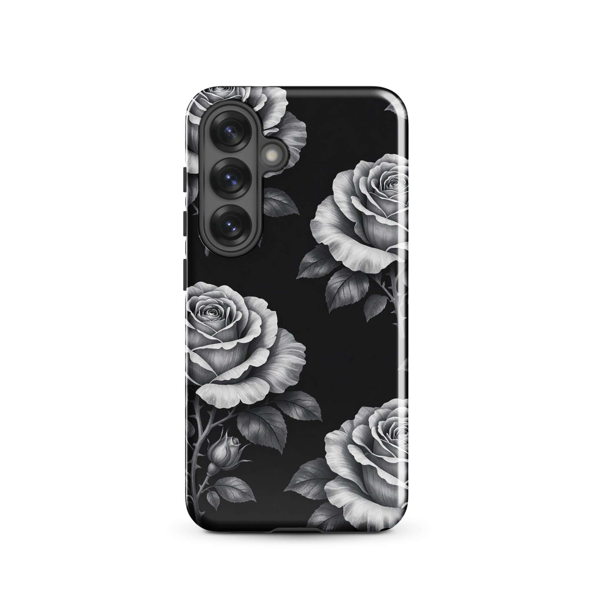 Phone Case for Samsung Galaxy with rose garden pattern, featuring hand-sketched roses and leaves on a black background for floral elegance.