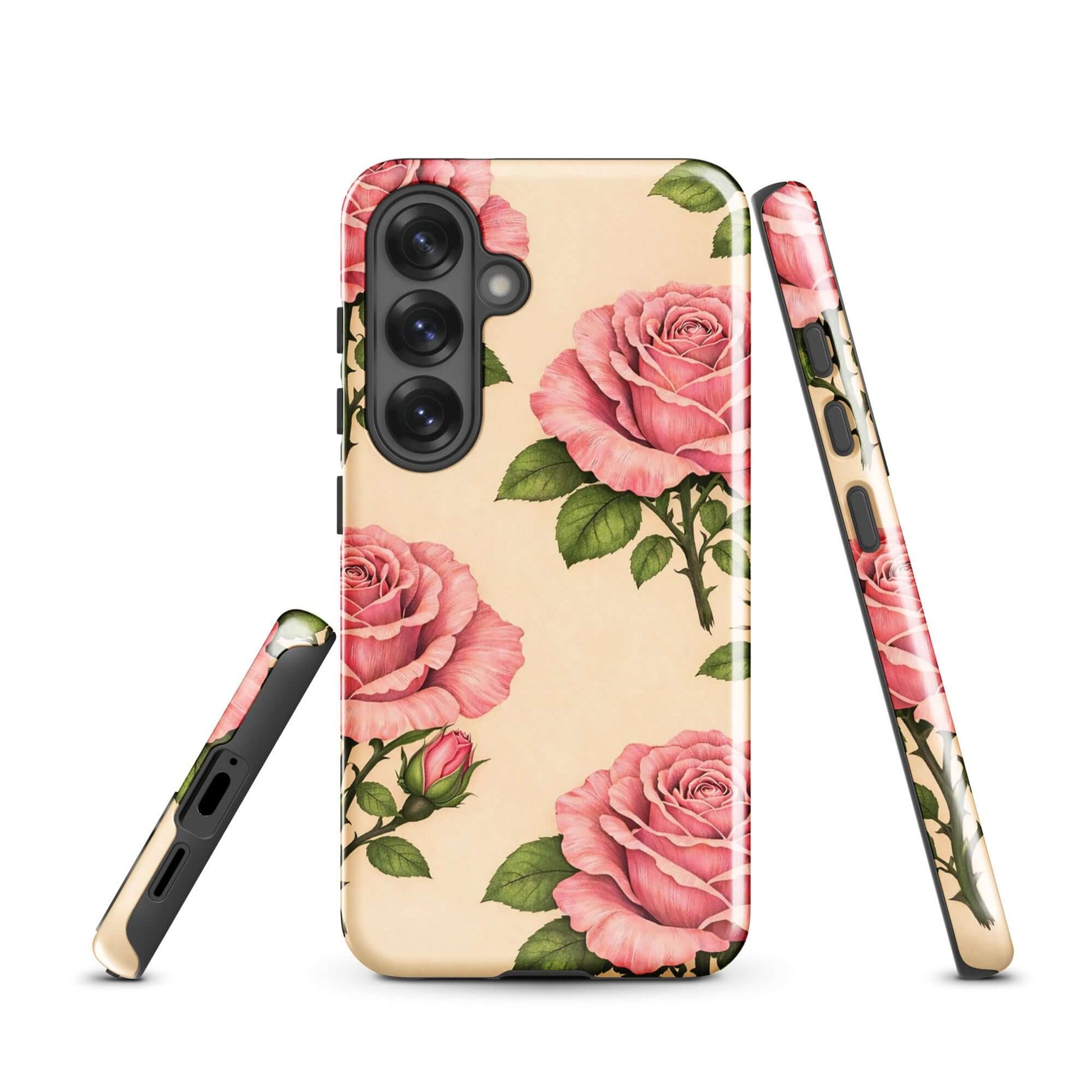 Phone Case for Samsung Galaxy featuring pink roses with warm cream background, offering protection and elegance.
