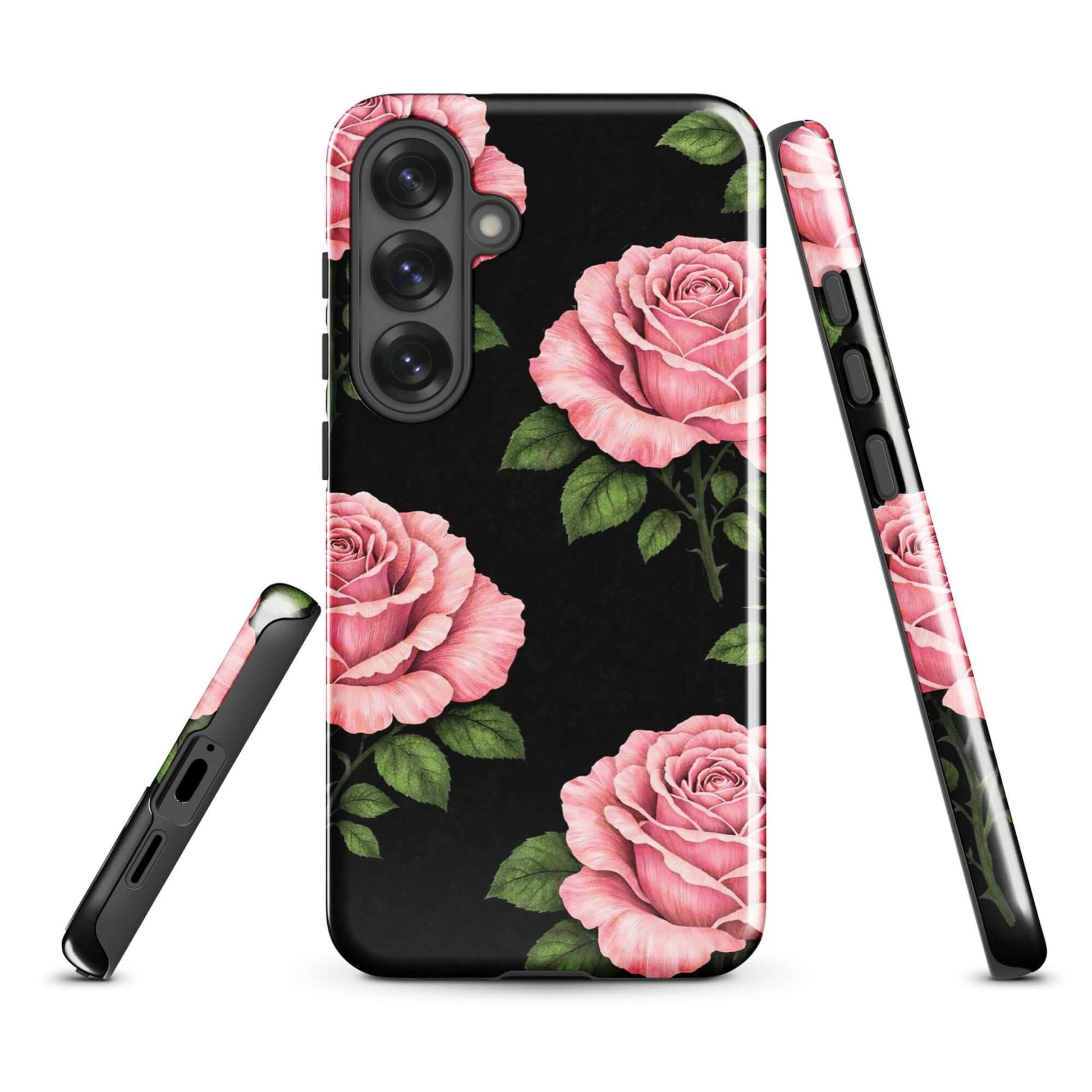 Phone Case for Samsung Galaxy with pink rose design on black background, featuring tough, durable protection.
