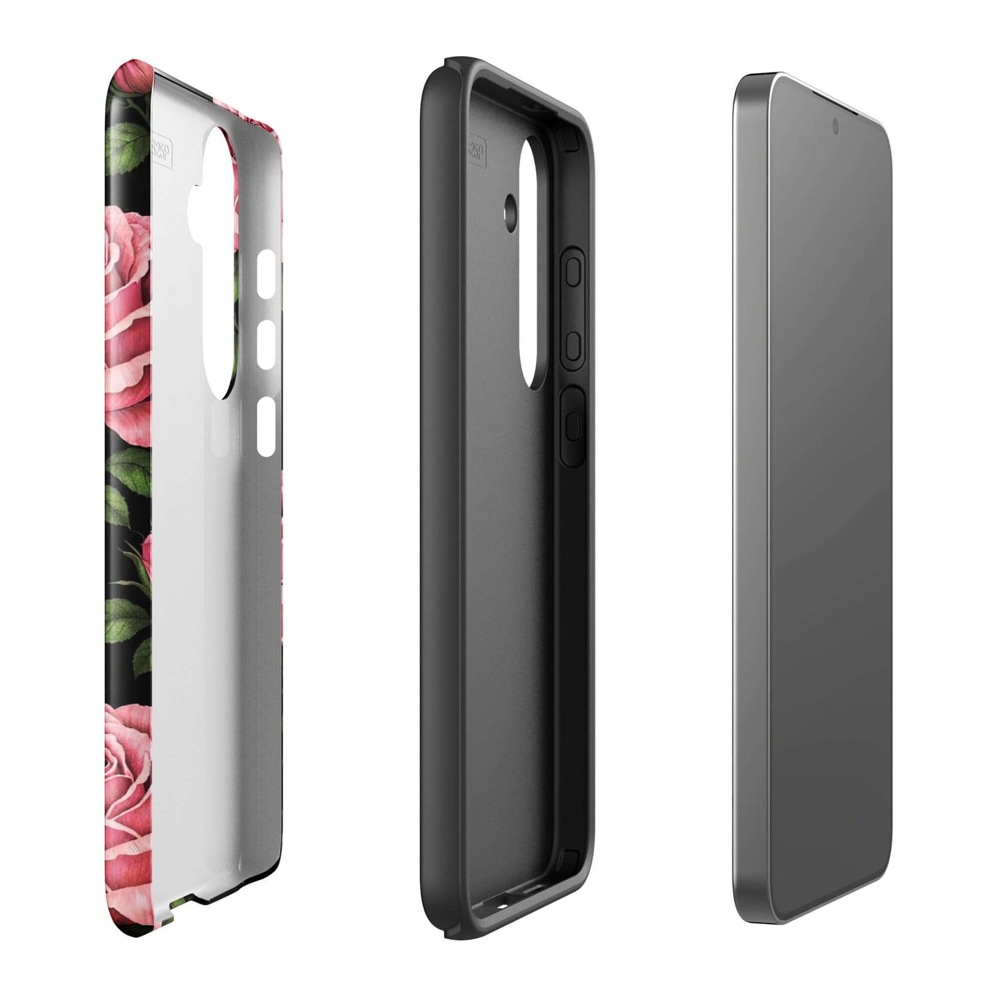 Phone Case for Samsung Galaxy with pink rose garden design on a black background