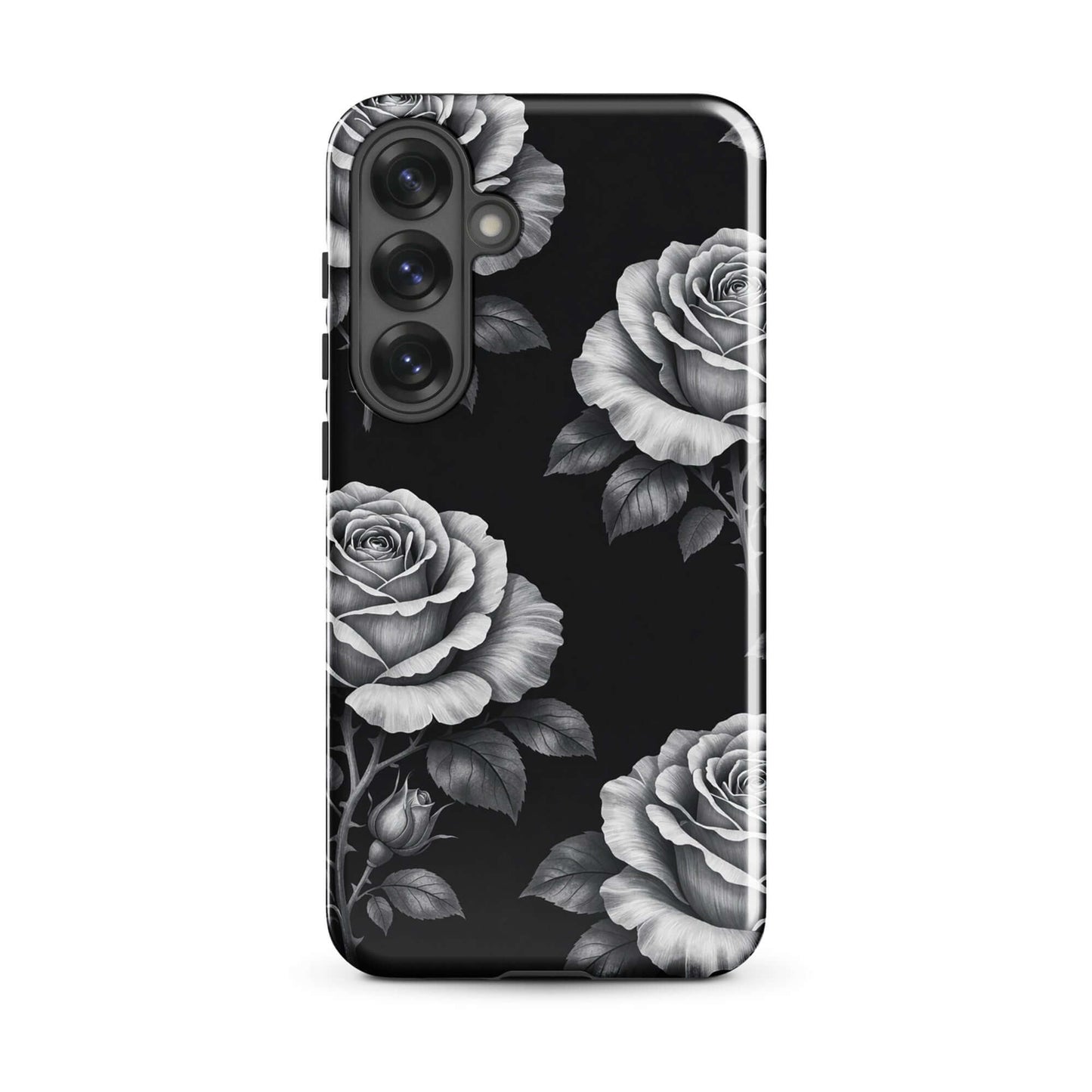 Phone Case for Samsung Galaxy with rose garden design on black background, featuring hand-sketched rose pattern and floral charm.