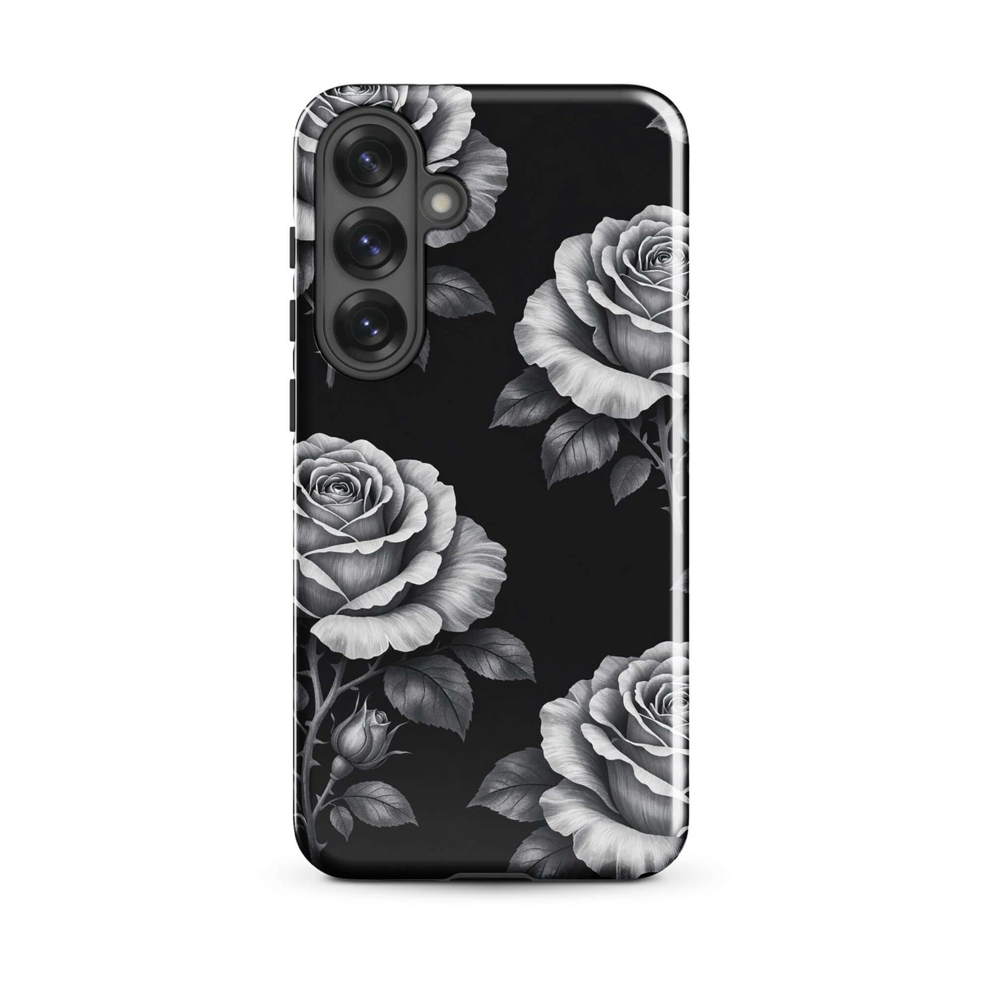 Phone Case for Samsung Galaxy with rose garden design on black background, featuring hand-sketched rose pattern and floral charm.