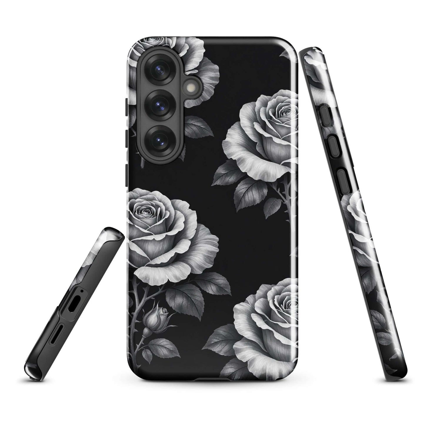 Phone Case for Samsung Galaxy featuring rose garden design with black background and hand-sketched roses, offering elegance and protection.