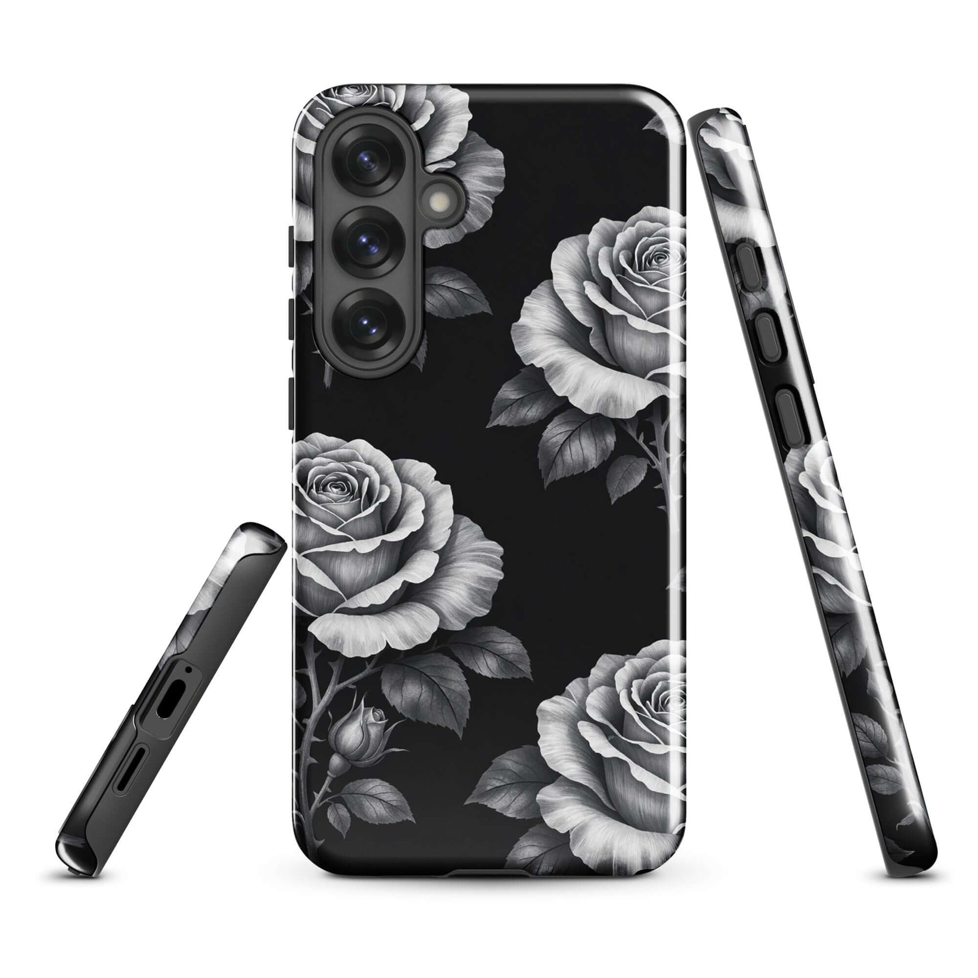 Phone Case for Samsung Galaxy featuring rose garden design with black background and hand-sketched roses, offering elegance and protection.