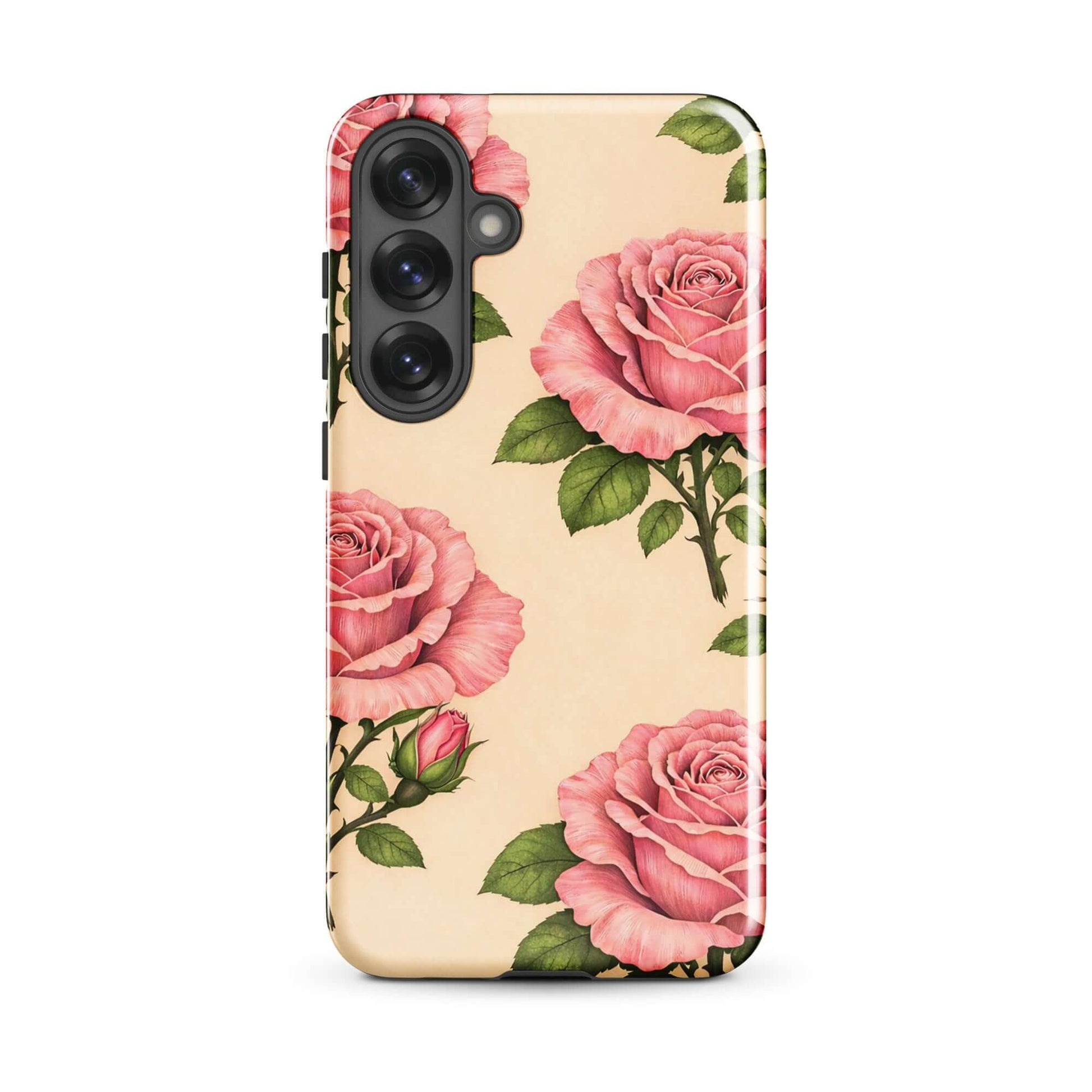 Phone Case for Samsung Galaxy with pink roses and cream background, showcasing a floral pattern for style and protection.