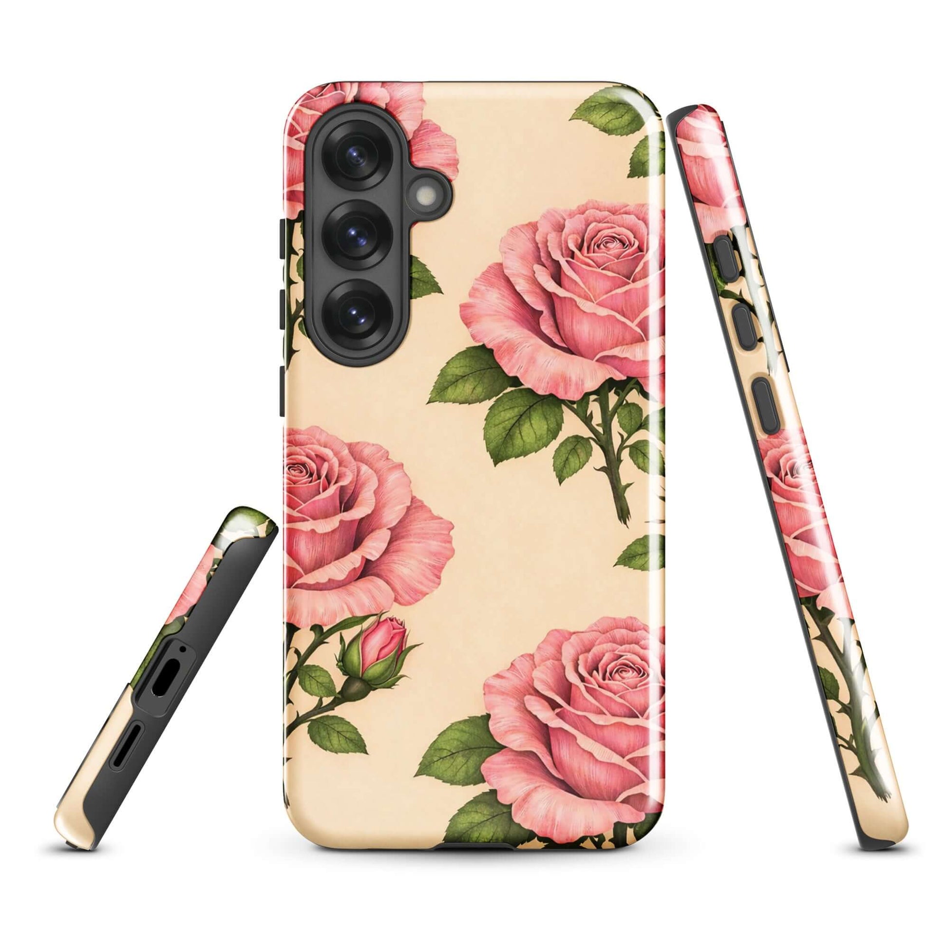 Phone Case for Samsung Galaxy with pink roses on warm cream background showing floral elegance.