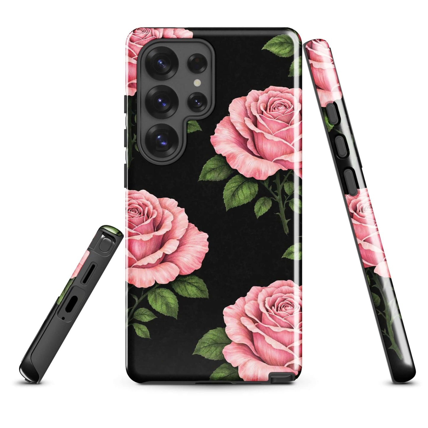 Phone Case for Samsung Galaxy with pink rose garden design on black background, showcasing floral charm and durability.