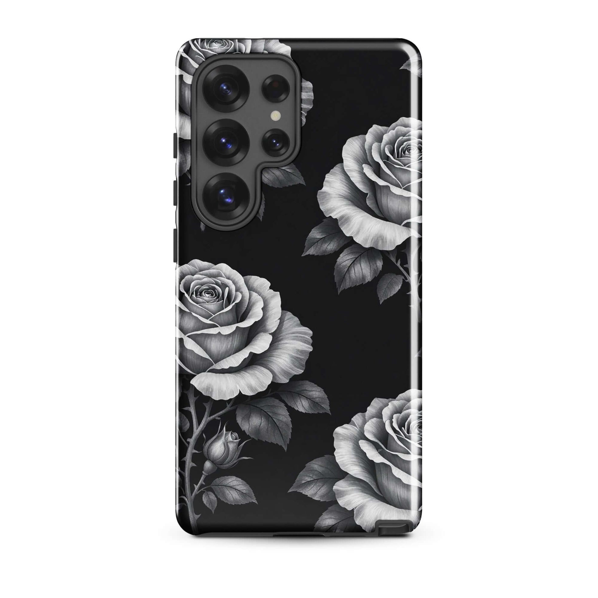 Phone Case for Samsung Galaxy with rose garden design on a black background, featuring elegant pencil-sketch style roses and leaves.