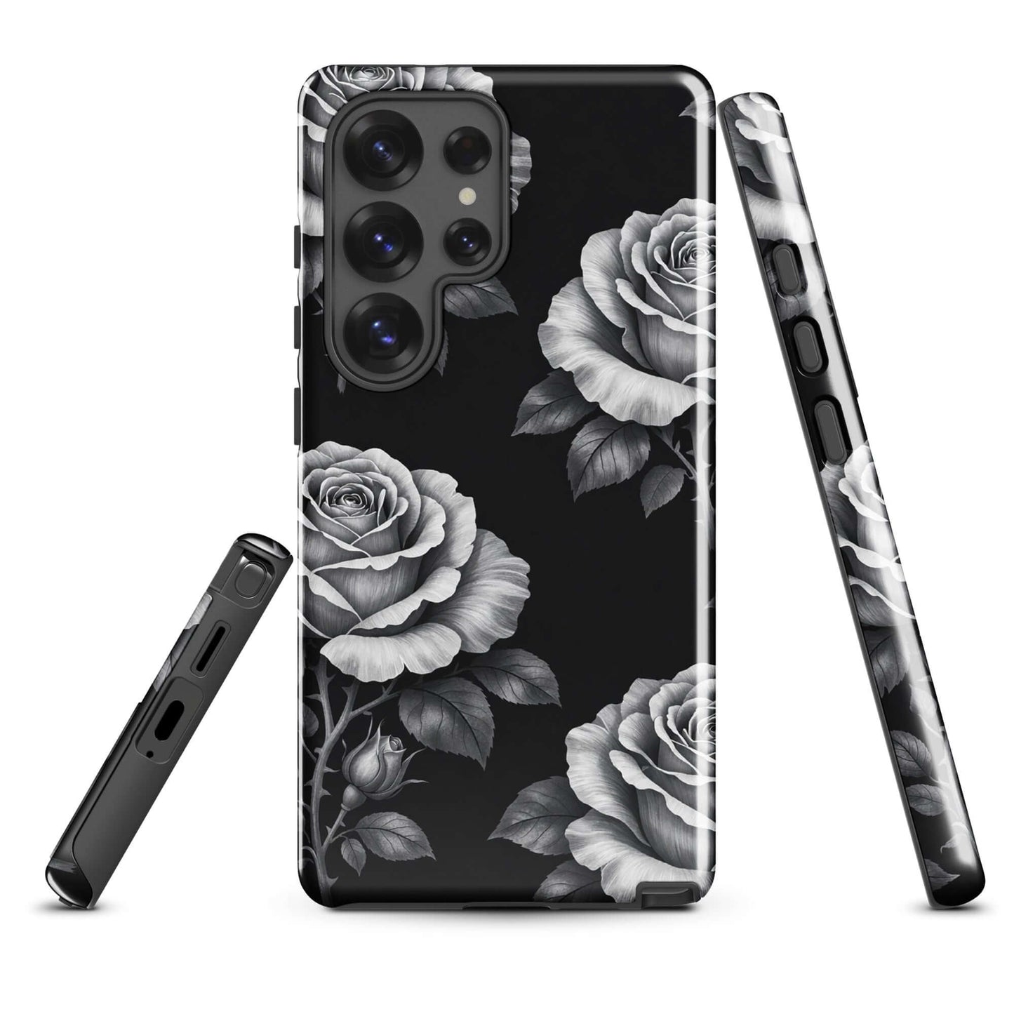 Phone Case for Samsung Galaxy: Rose Garden Tough Case with hand-sketched roses on black background, floral phone accessory.