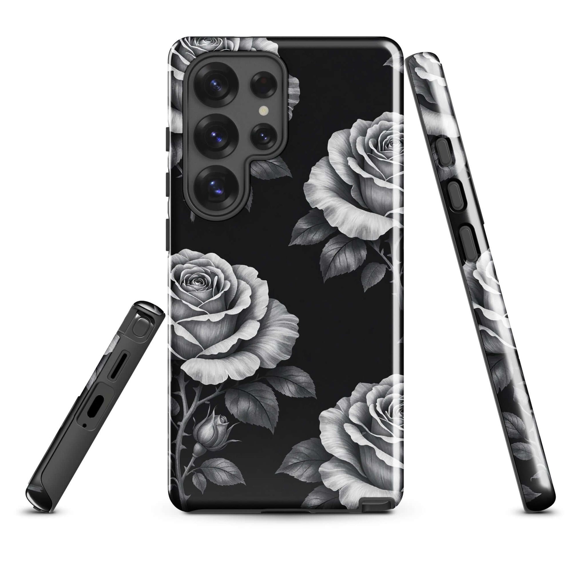Phone Case for Samsung Galaxy: Rose Garden Tough Case with hand-sketched roses on black background, floral phone accessory.