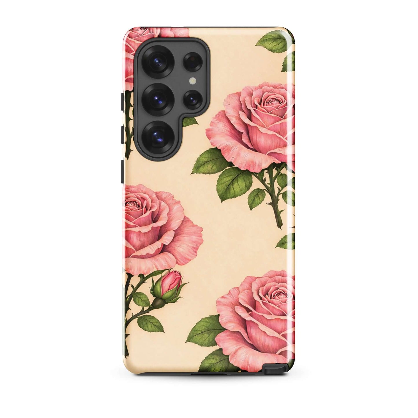 Phone Case for Samsung Galaxy with pink roses on warm cream background, elegant floral design for everyday protection.