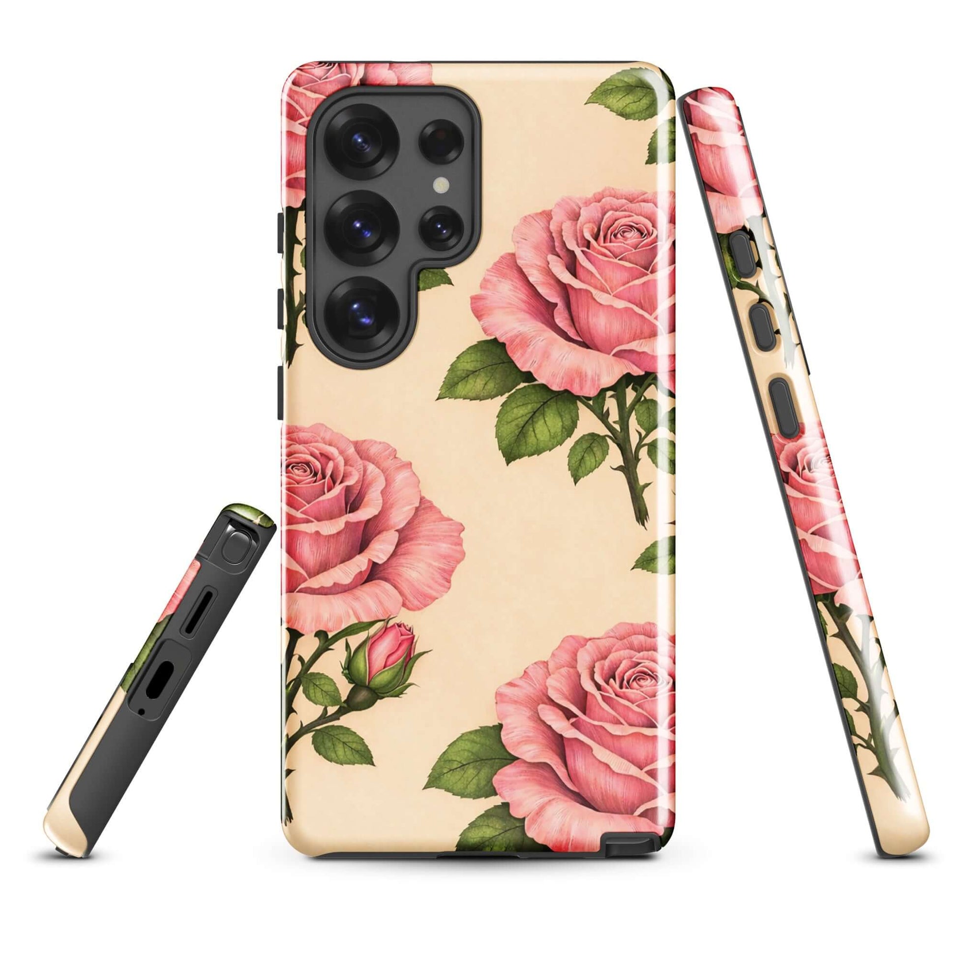 Phone Case for Samsung Galaxy with pink rose design on warm cream background, offering style and protection.