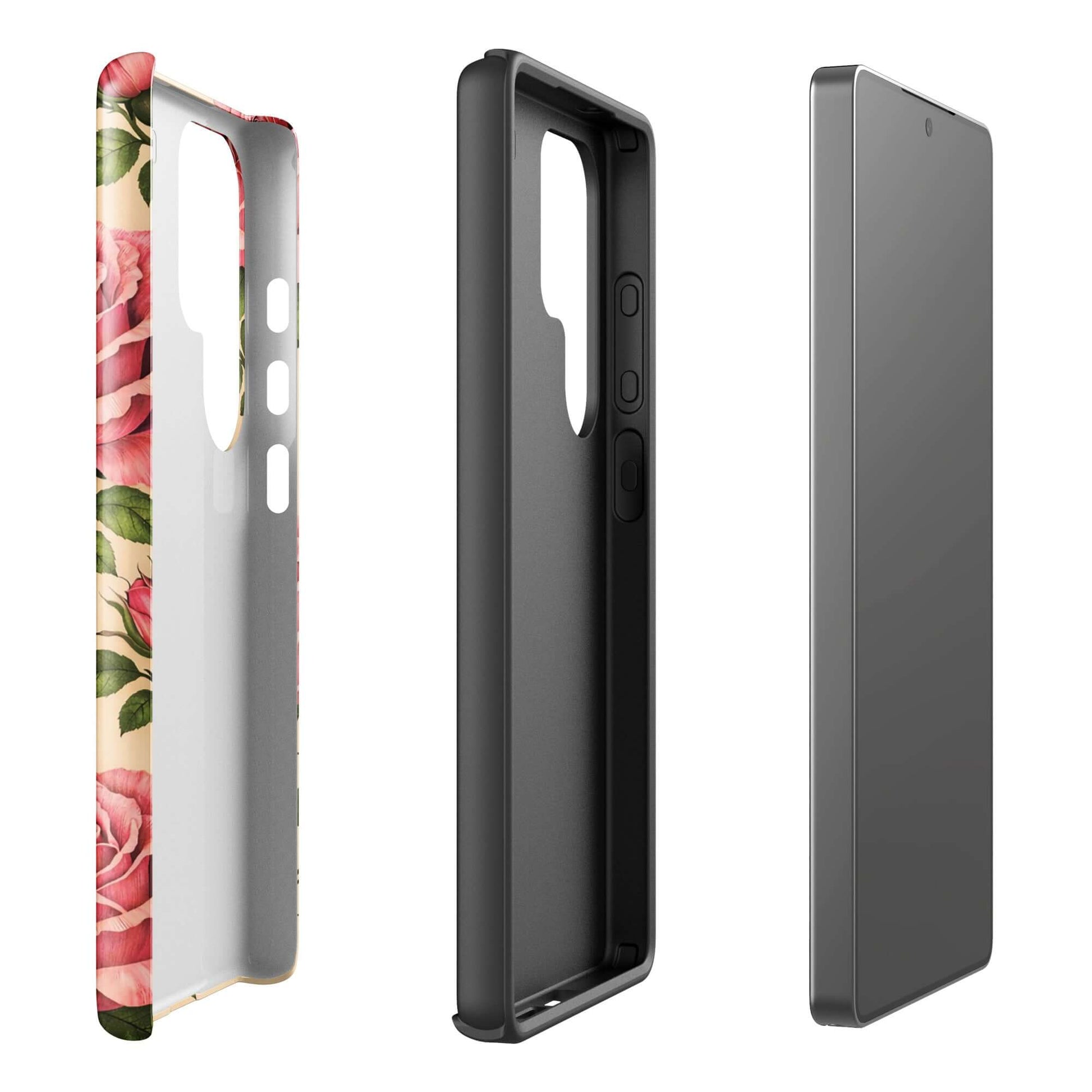 Phone Case for Samsung Galaxy with pink roses on warm cream background, showcasing elegant floral design and sturdy protection.
