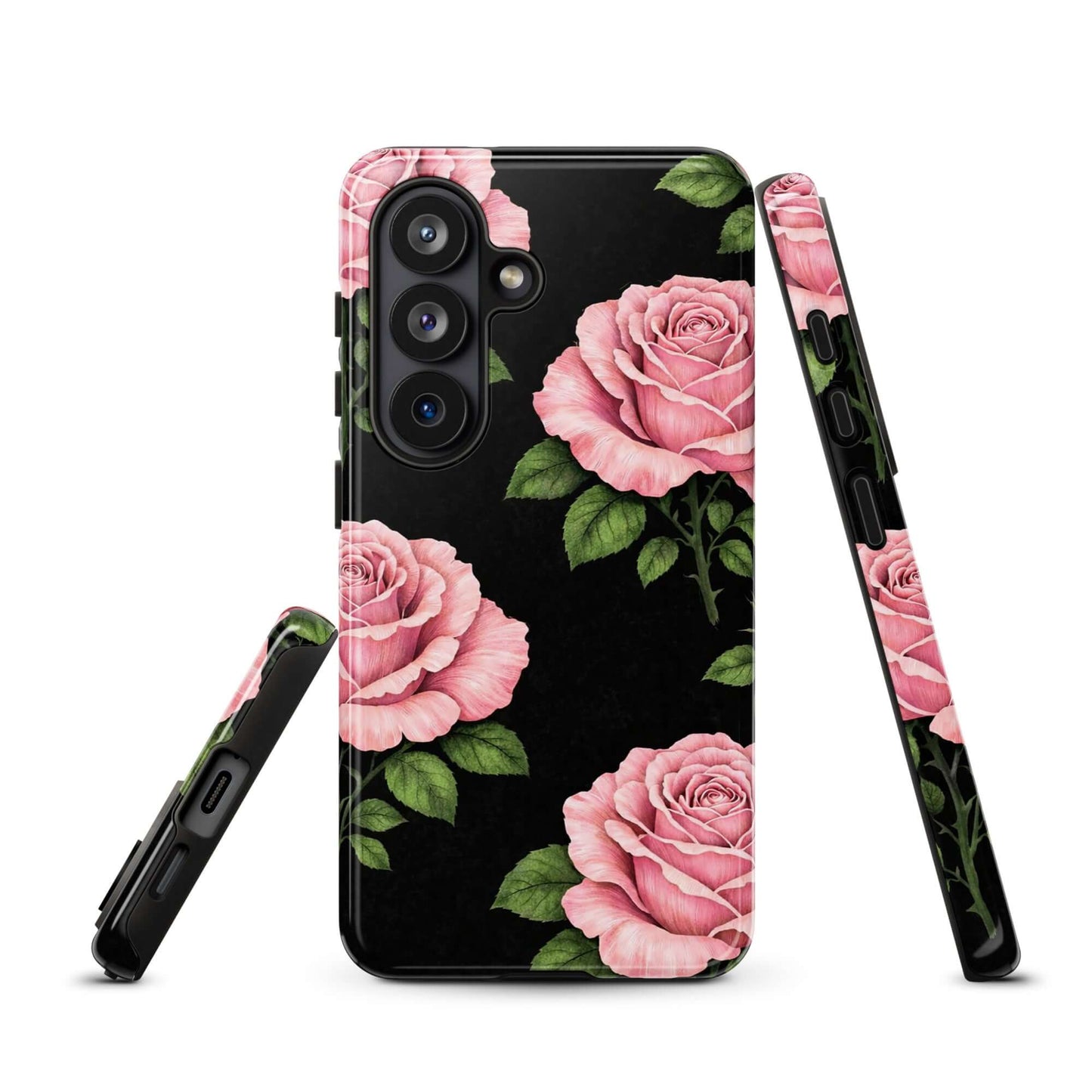 Phone Case for Samsung Galaxy with pink rose garden design and black background