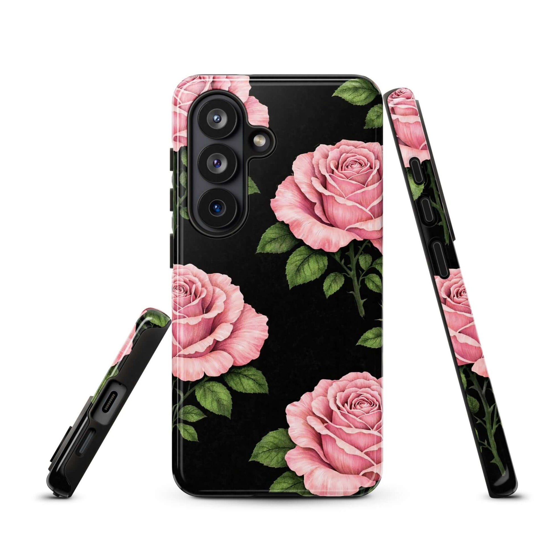 Phone Case for Samsung Galaxy with pink rose garden design and black background