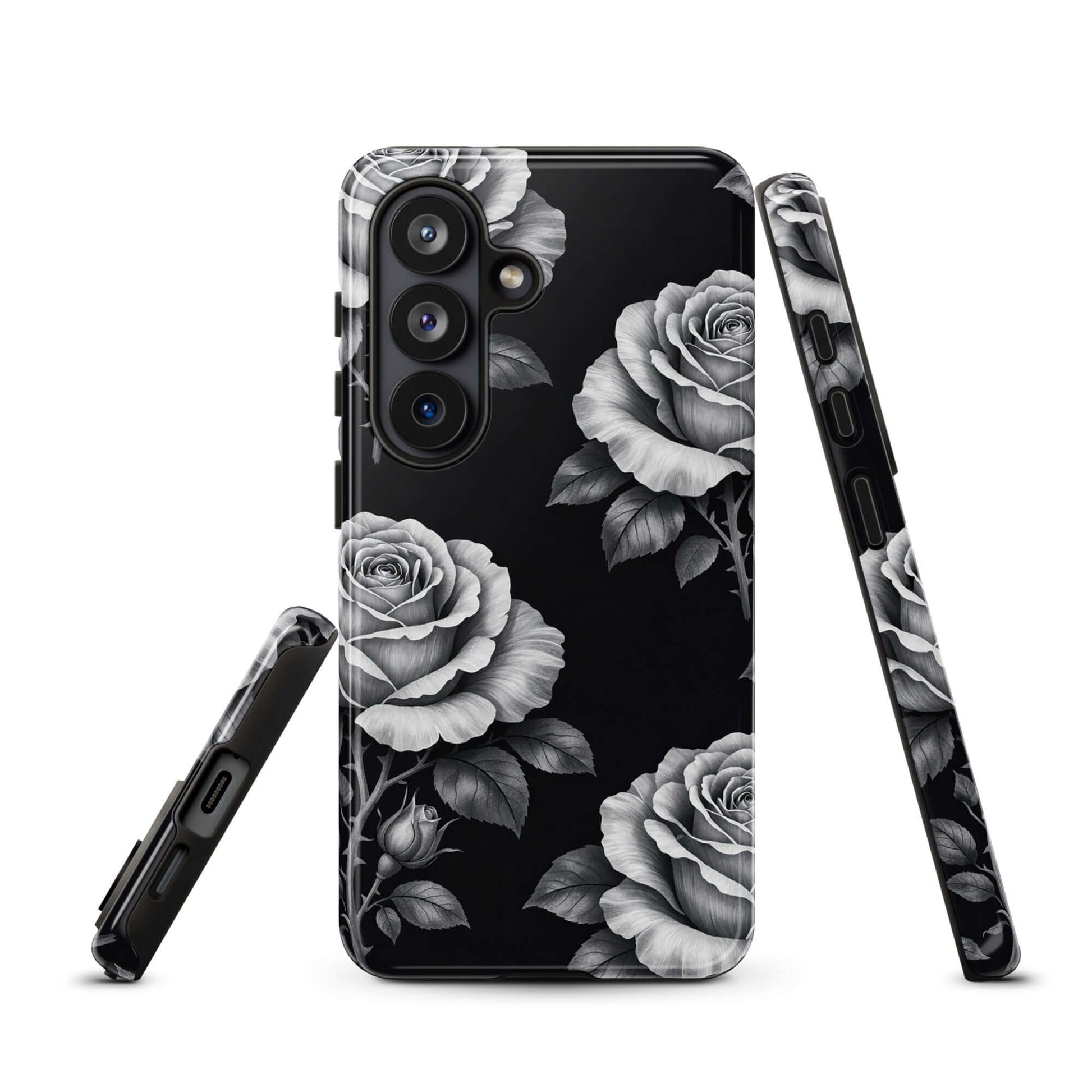 Phone Case for Samsung Galaxy featuring rose garden design on black background, floral tough case with hand-sketched rose pattern.
