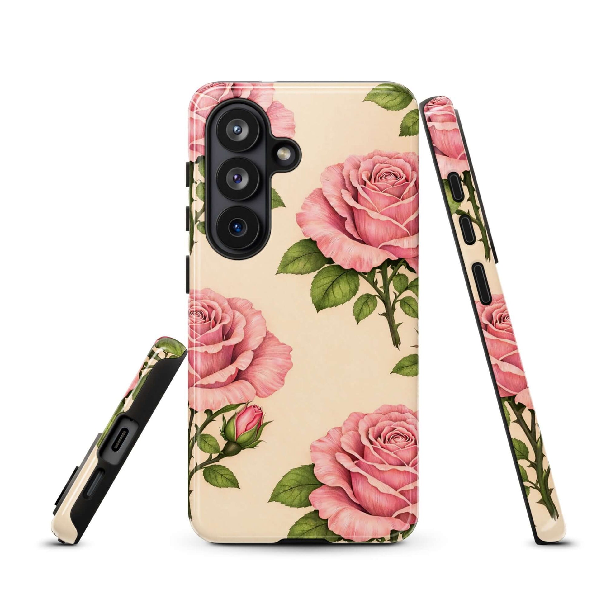 Phone Case for Samsung Galaxy with pink rose pattern on warm cream background showcasing elegance and protection.