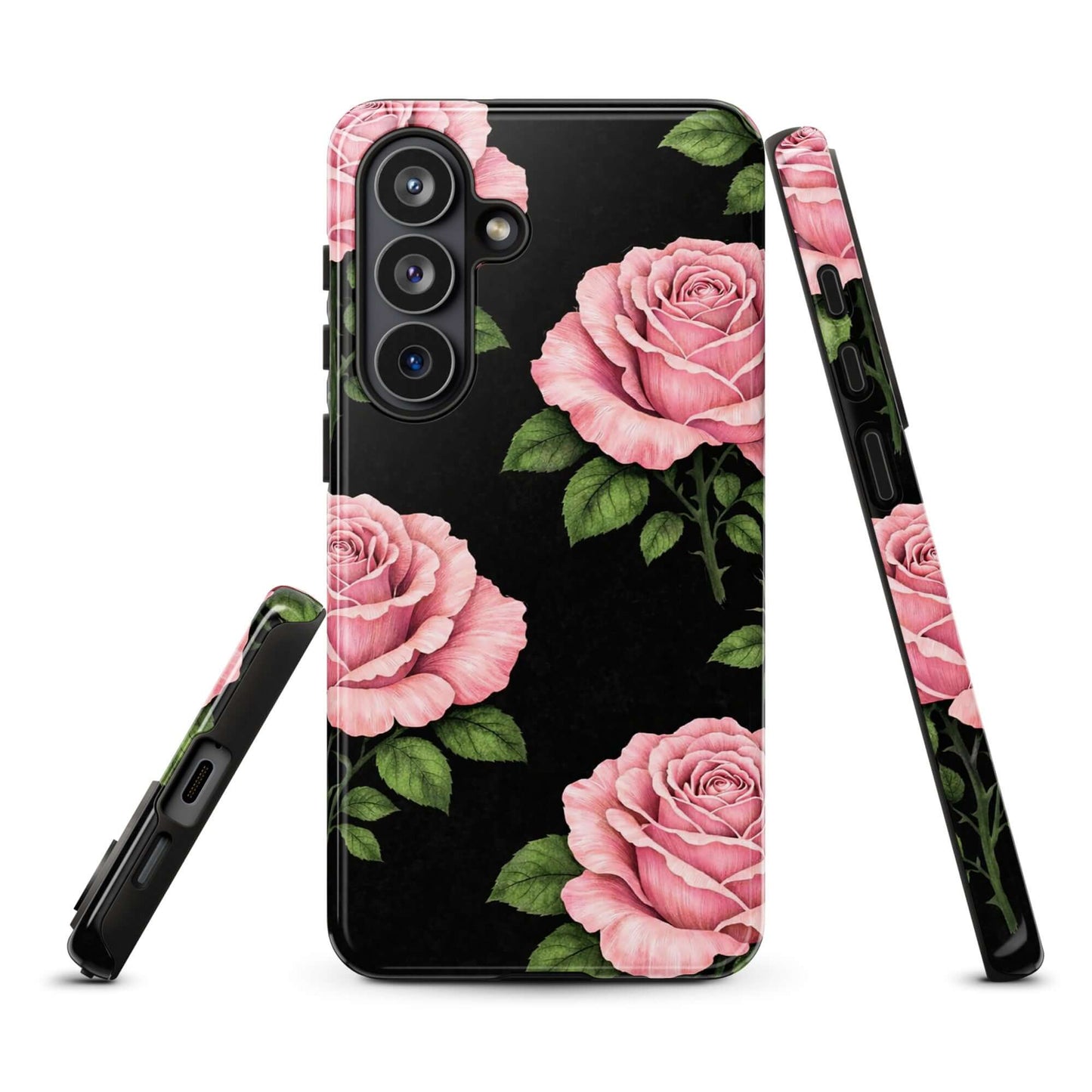 Phone Case for Samsung Galaxy with pink roses and green leaves on black background, tough and stylish floral design.