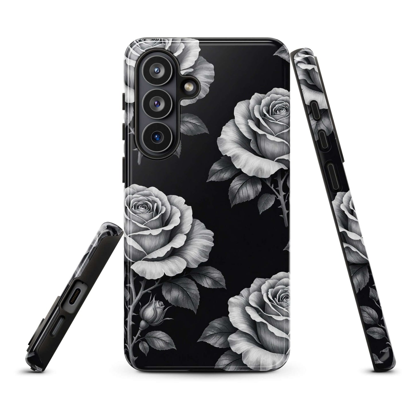 Phone Case for Samsung Galaxy with rose garden design, featuring hand-sketched roses on a black background, tough and stylish.
