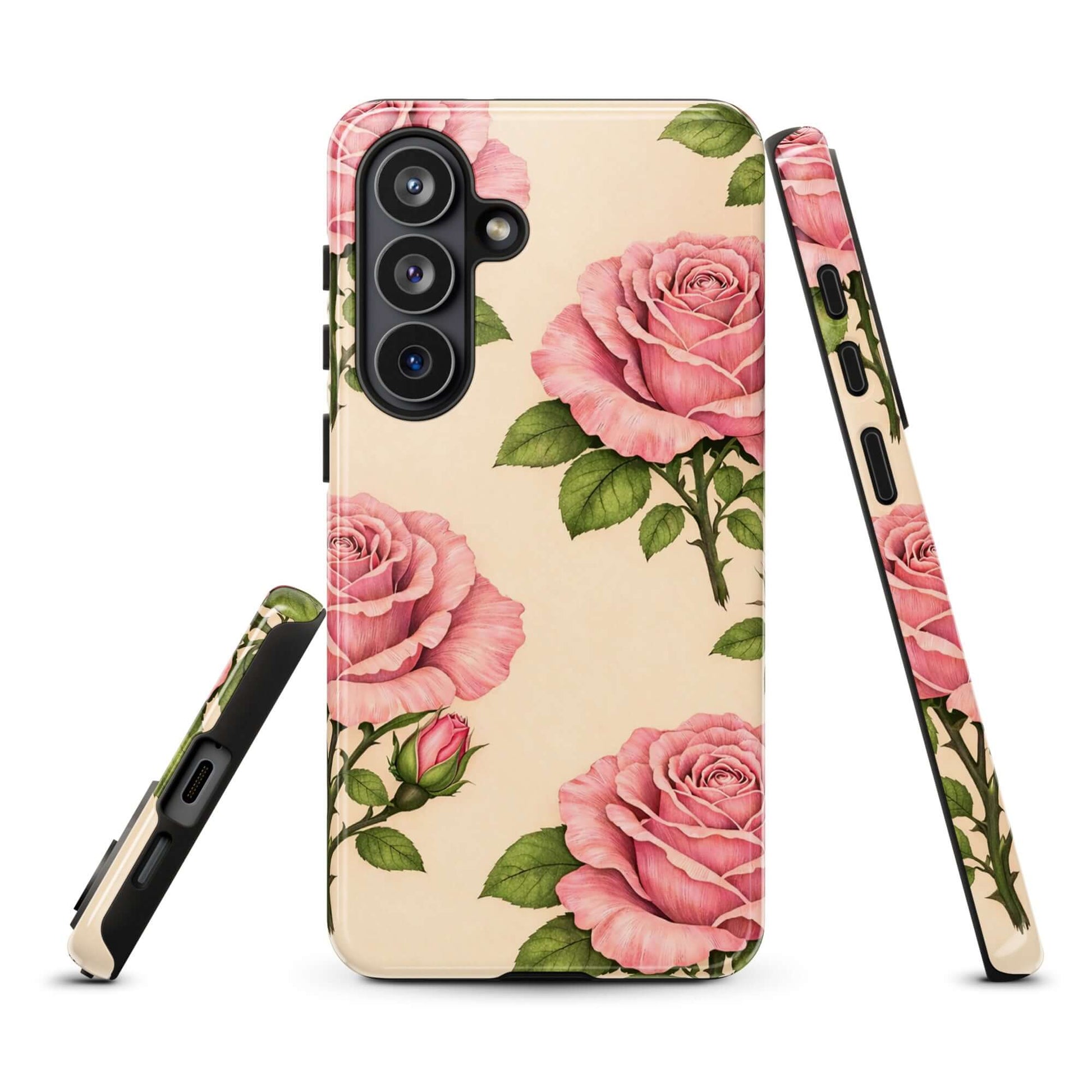 Phone Case for Samsung Galaxy with pink roses on cream background showcasing floral elegance and everyday protection.