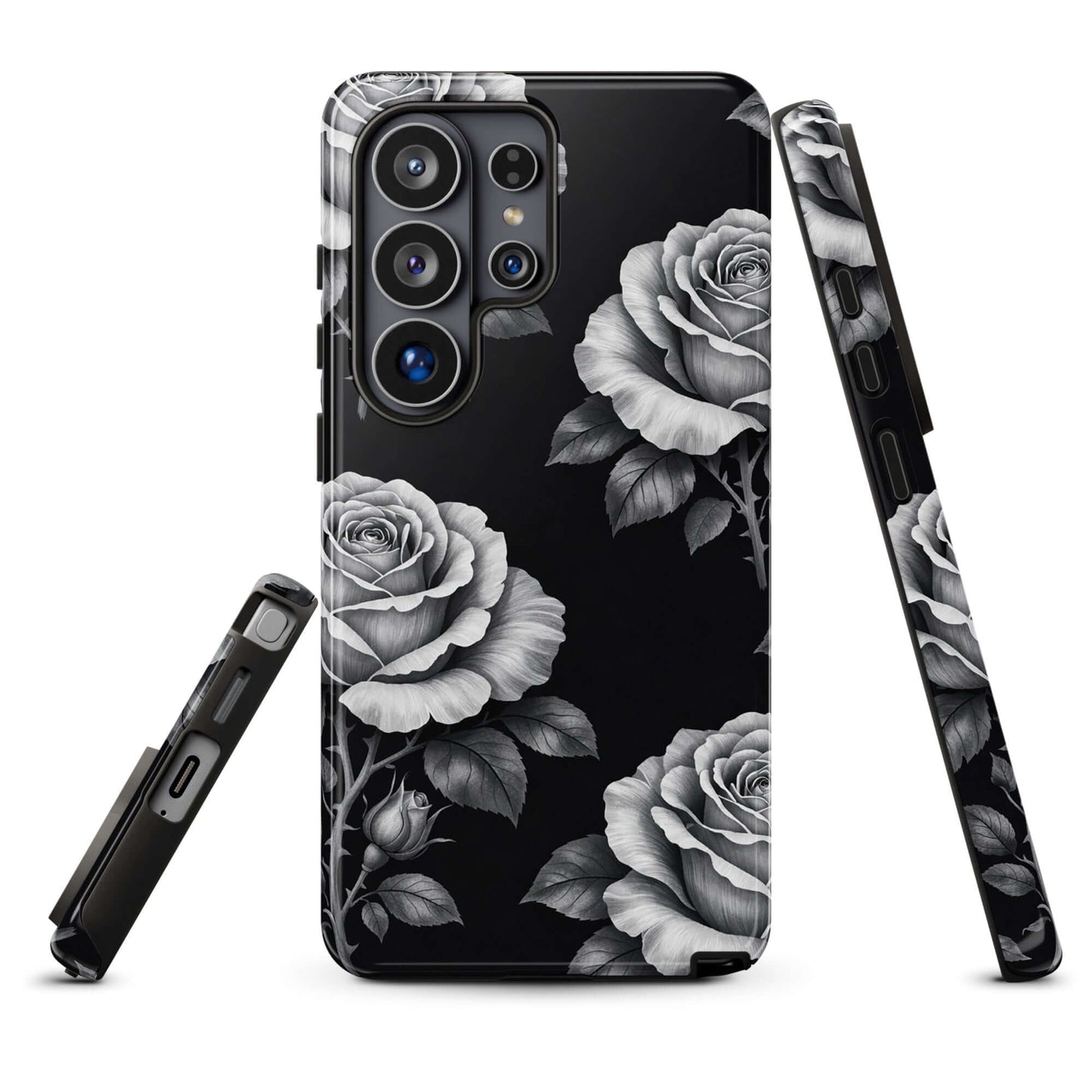 Phone Case for Samsung Galaxy with rose garden design, black background, hand-sketched roses and lush leaves, tough protection case