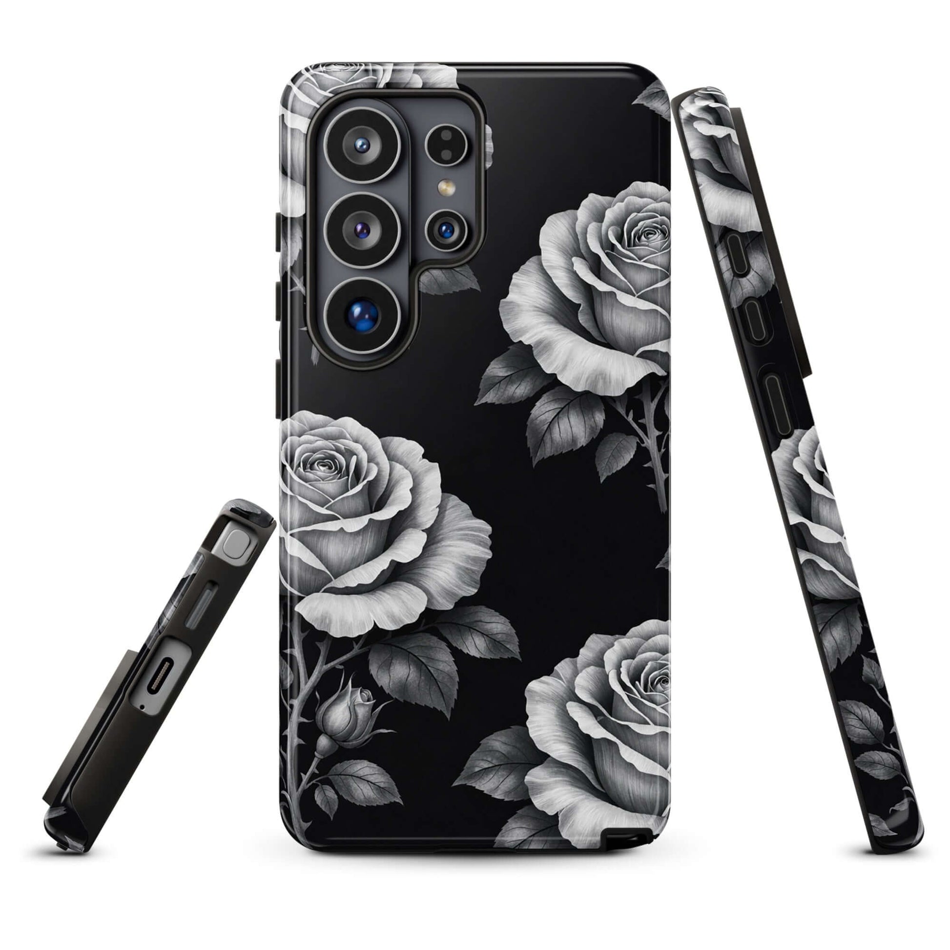 Phone Case for Samsung Galaxy with rose garden design, black background, hand-sketched roses and lush leaves, tough protection case