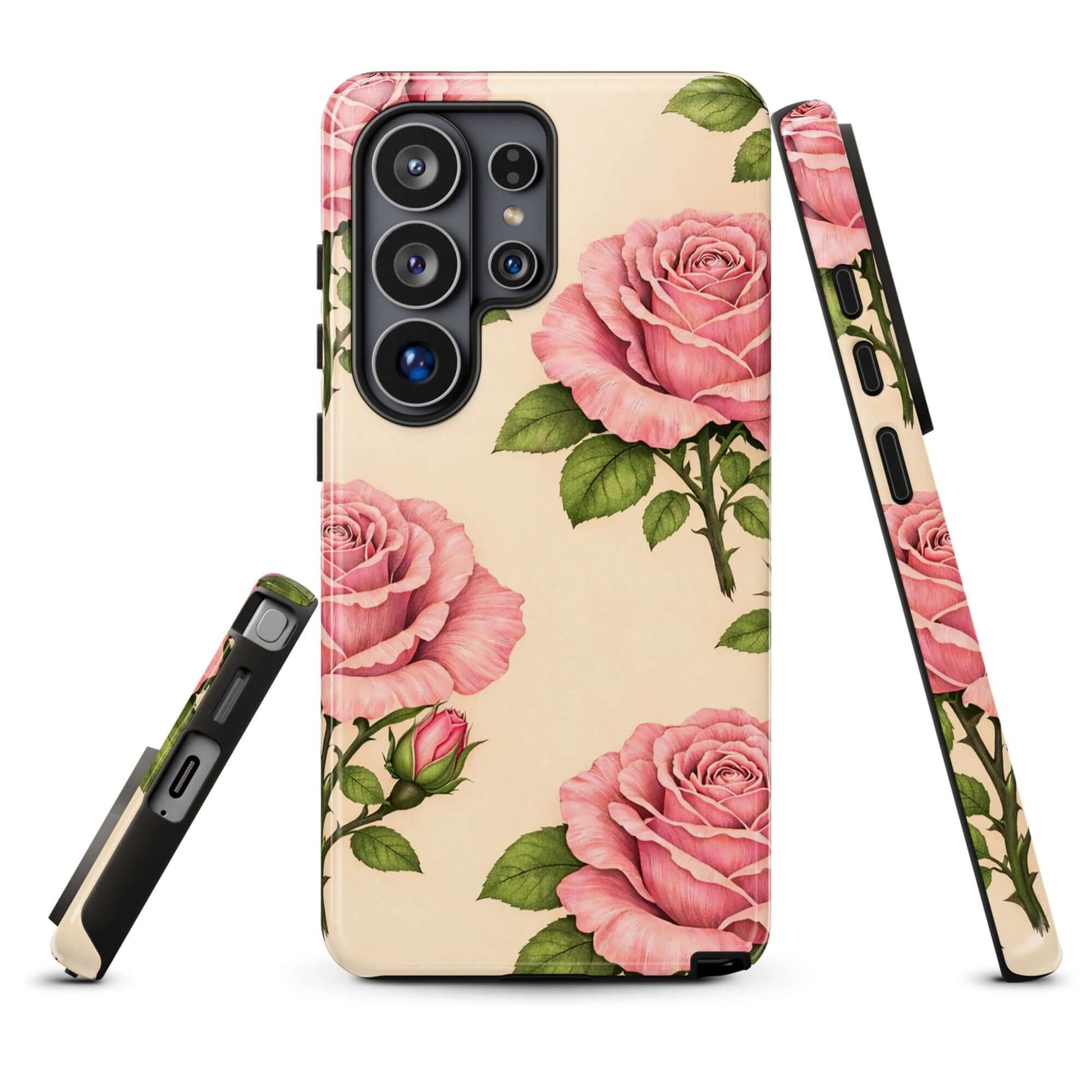 Phone Case for Samsung Galaxy with pink rose design on warm cream background, featuring lush floral pattern and protective elegance.