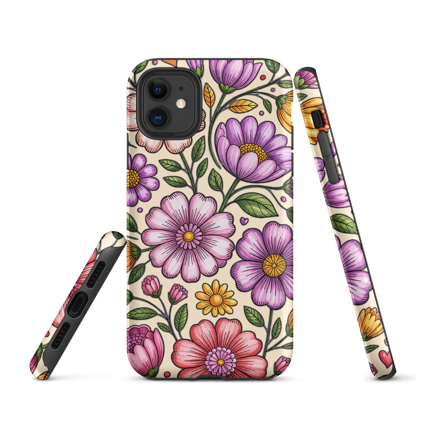 Phone Case for iPhone with pastel floral design showing pink, peach, lavender, and yellow flowers on a durable polycarbonate shell.