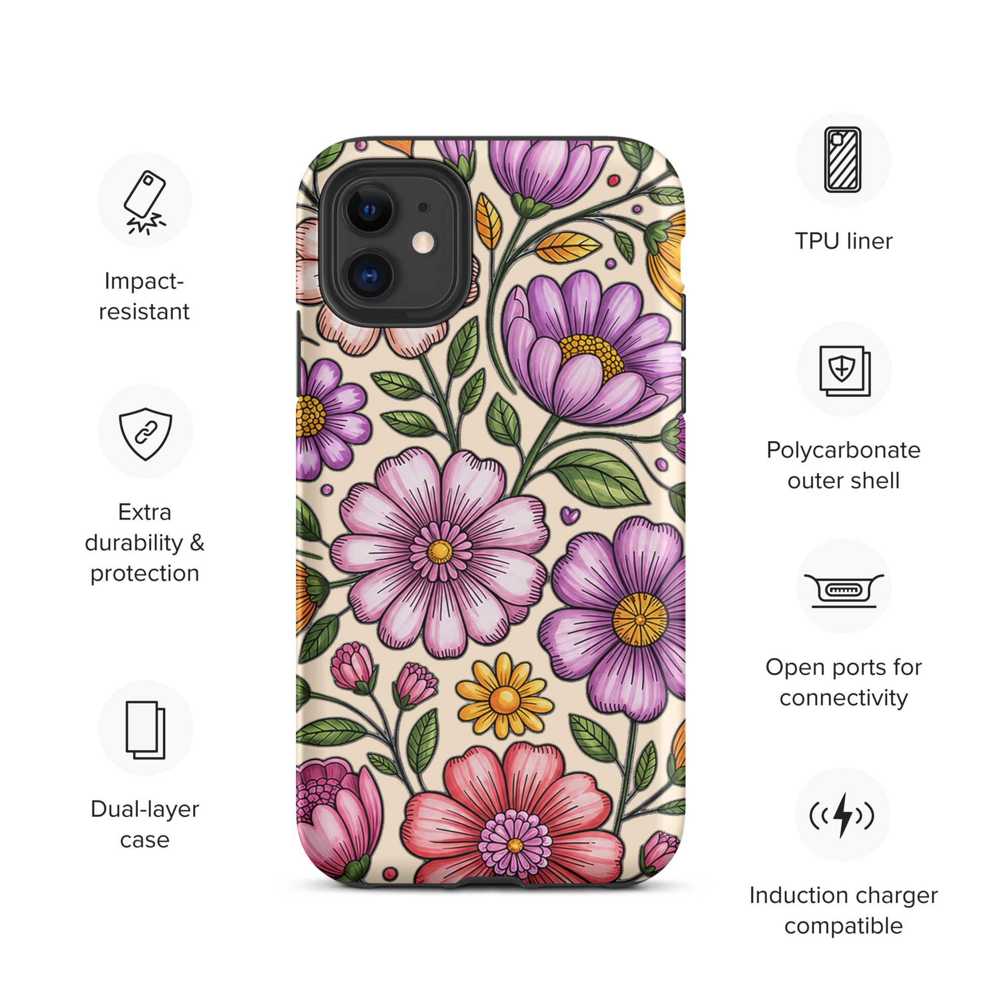 Phone Case for iPhone with pastel floral design featuring soft pinks and purples, impact-resistant polycarbonate shell, dual-layer protection.