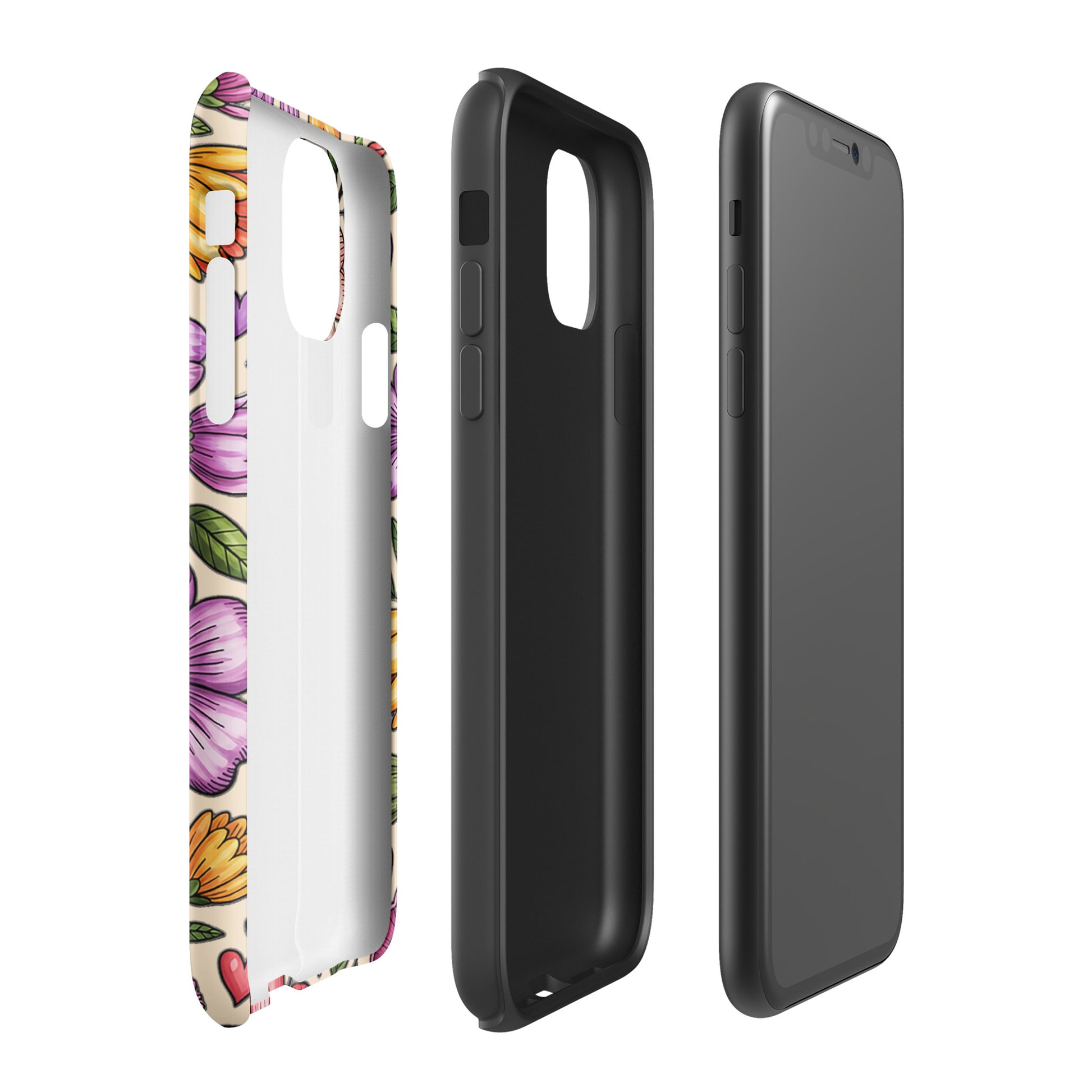 Phone Case for iPhone with pastel floral design, showcasing dual-layer construction for impact resistance, soft spring colors