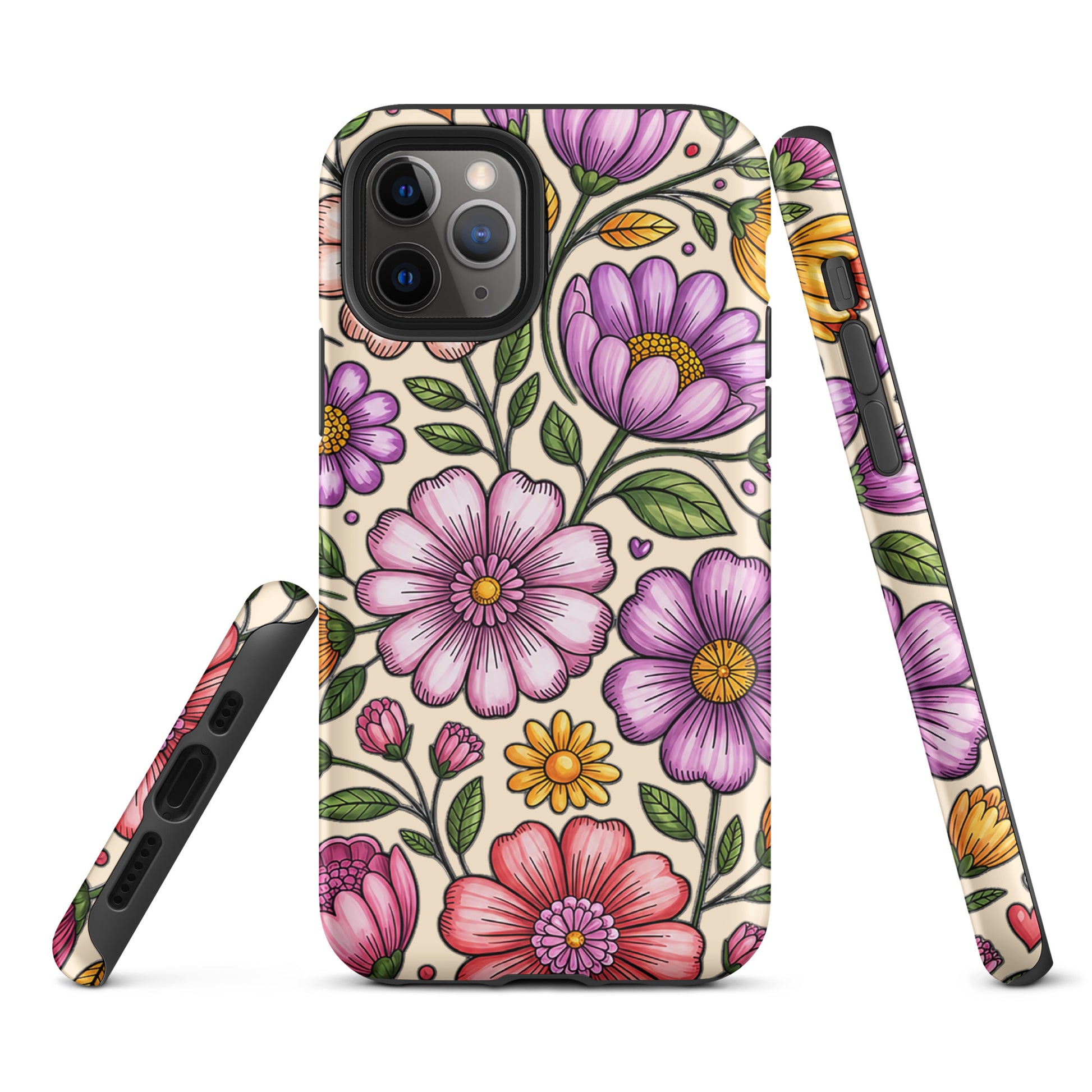 Phone Case for iPhone with pastel floral design, featuring vibrant pink and purple flowers, offering both charm and durability.