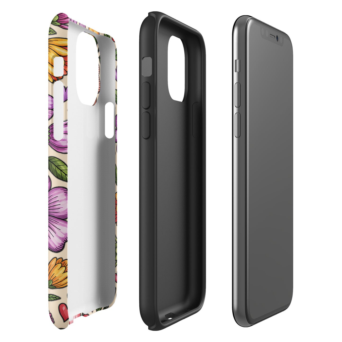 Phone Case for iPhone with pastel floral design on three separate layers showcasing durability and charm.